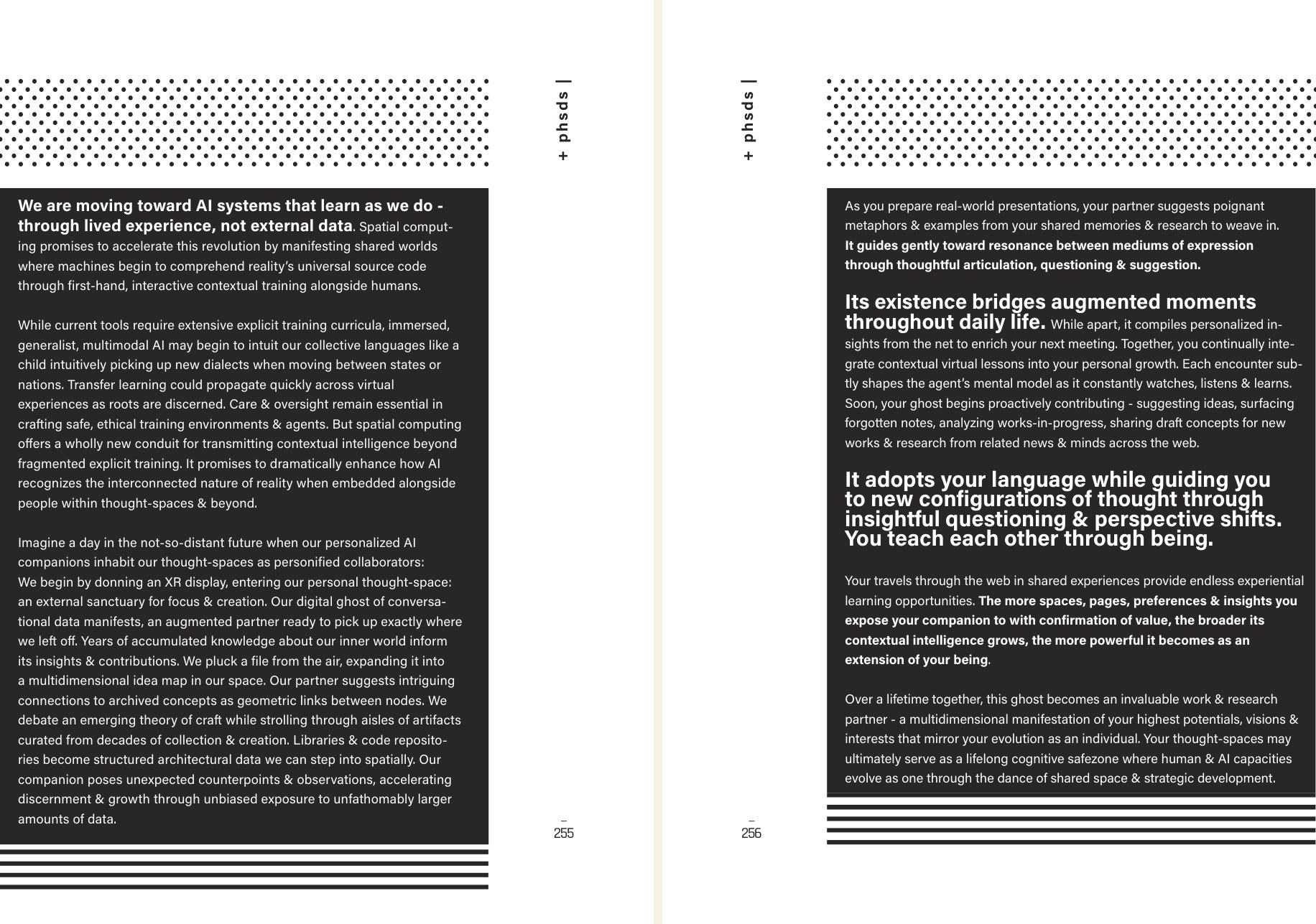 Spread from The Bridge, pages 255-256: the digital ghost passage and the sentence 'You teach each other through being'