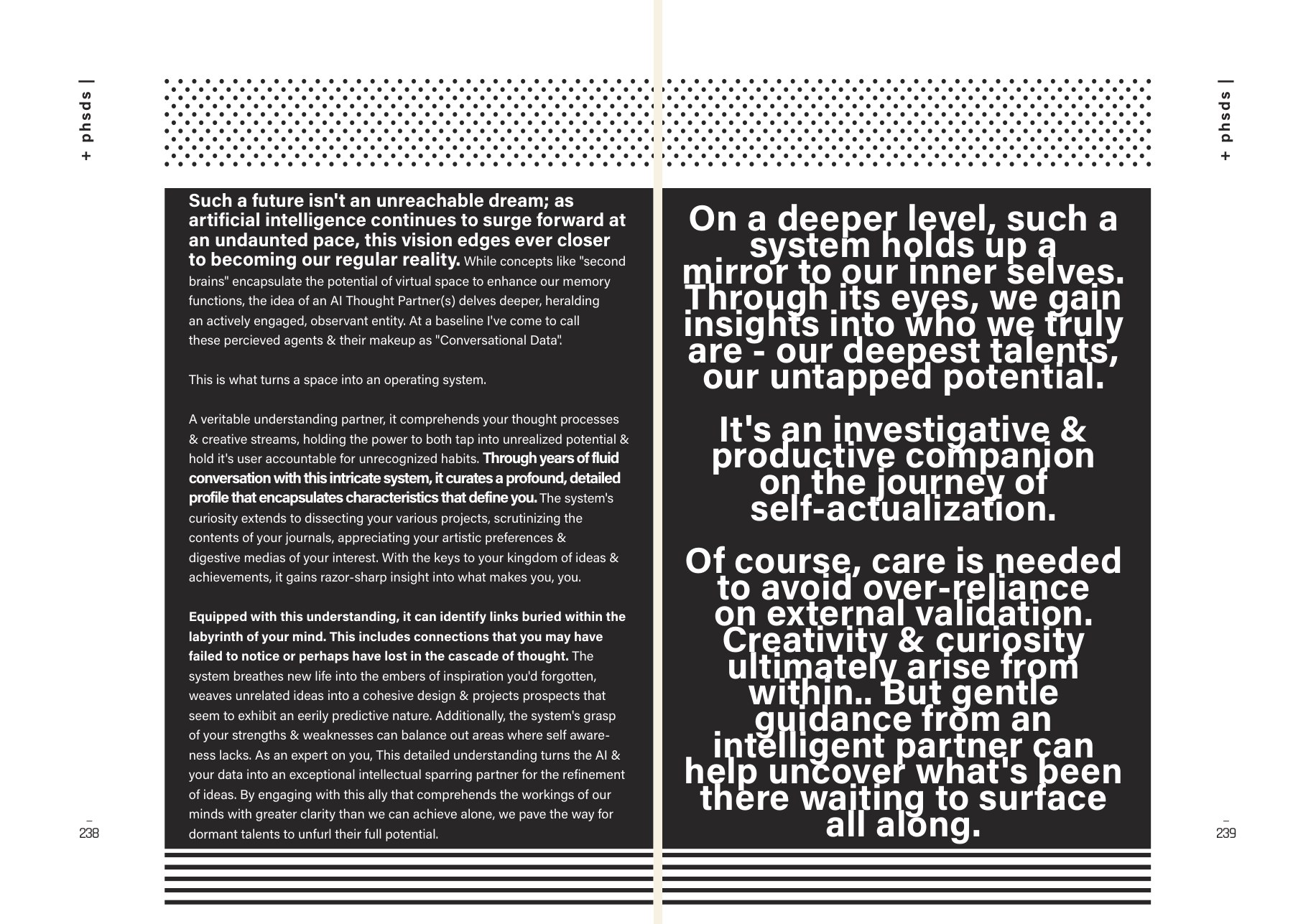 Spread from The Bridge, pages 238-239: the chapter on AI thought partners and the line about spaces becoming operating systems