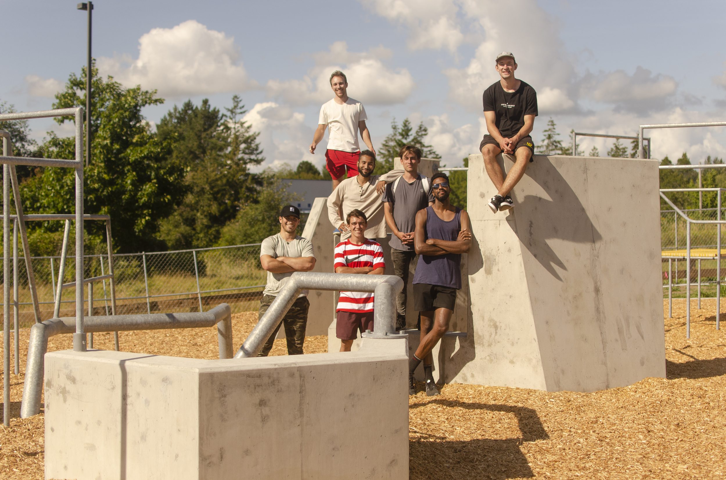 The parkour course at Cordata Park, Bellingham - concrete and steel structures under an open sky