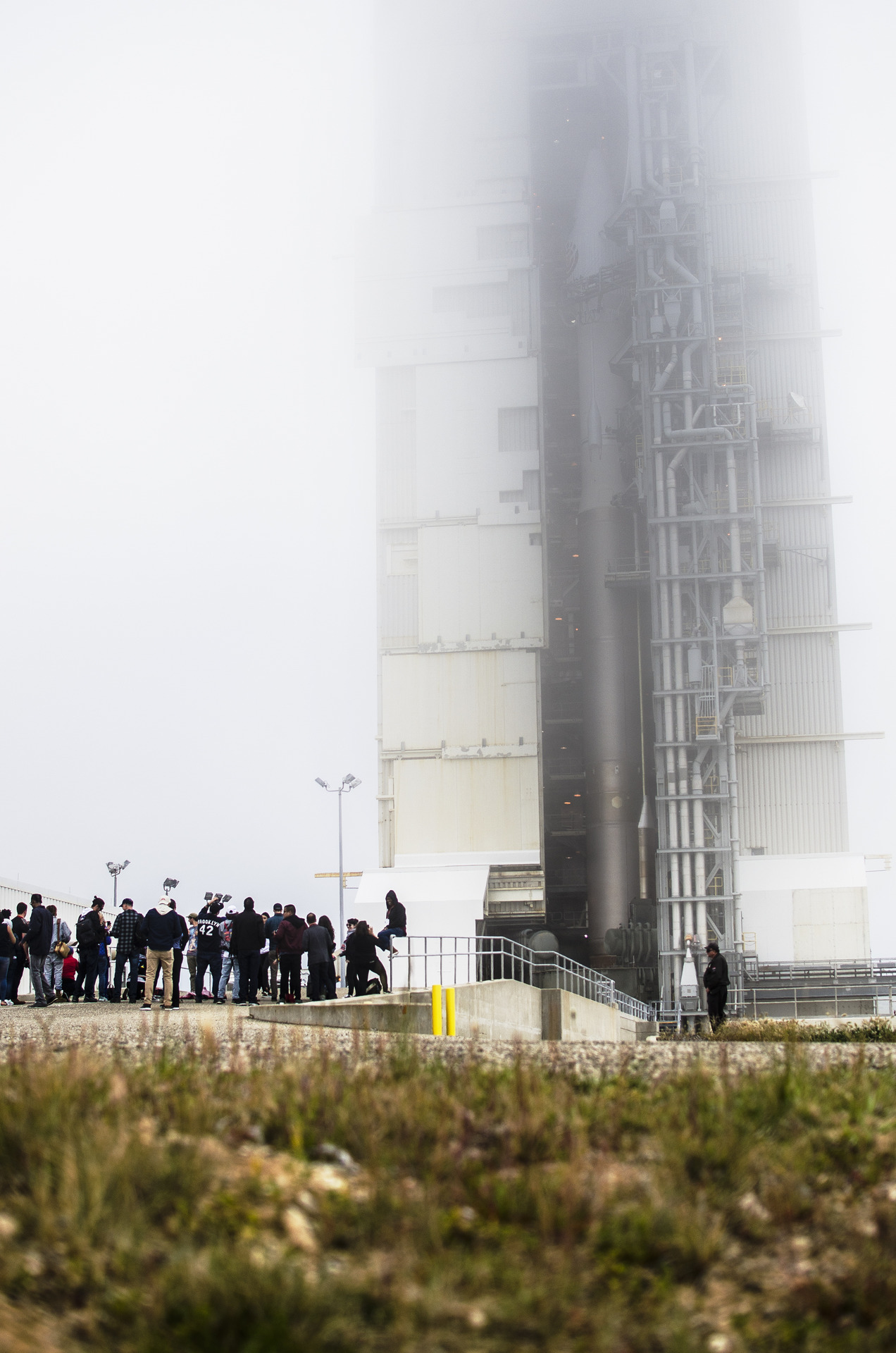 The Atlas V carrying NASA's InSight spacecraft nearly hidden in morning fog on the pad at Vandenberg the day before launch