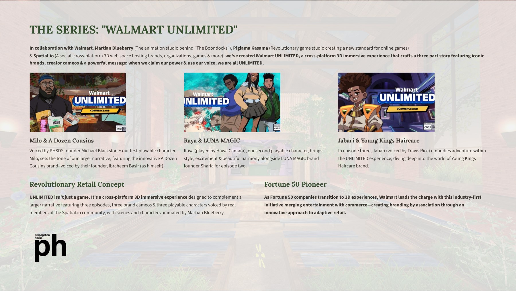 The Walmart Unlimited series overview slide: three episodes, three characters, three brands