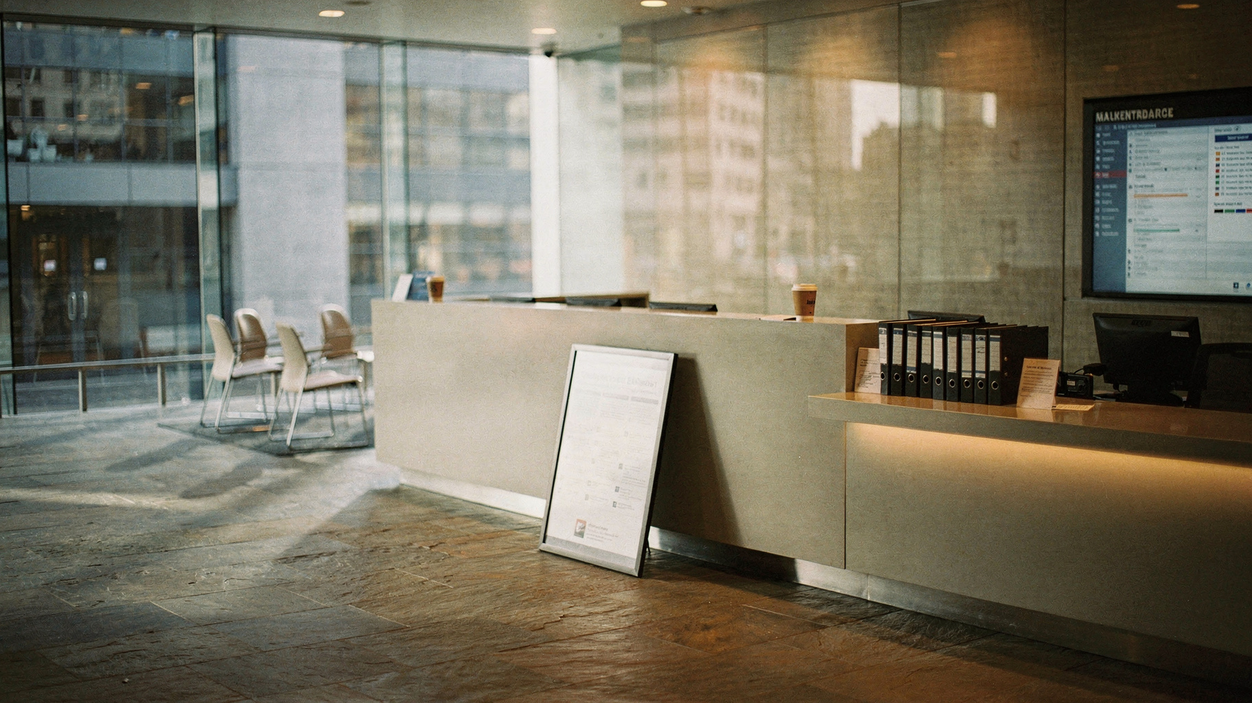 A documentary photograph of a modern glass corporate office lobby in the morning, a wide reception desk with a small informational sign, two consultants in business attire mid-conversation, luggage cart of presentation materials, muted earth tones, available light