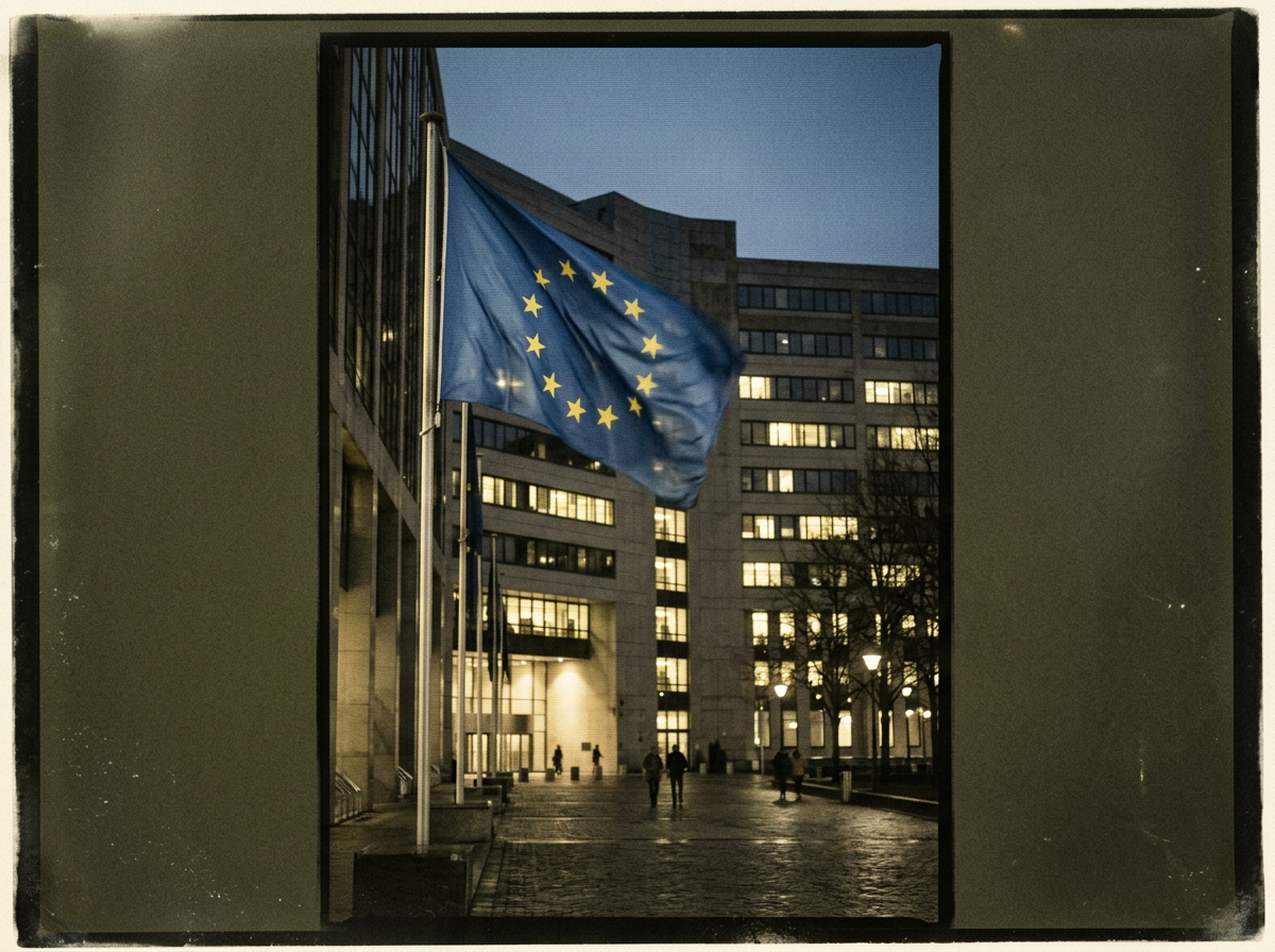 The EU flag outside the Berlaymont building in Brussels at dusk, where the AI Act was adopted.