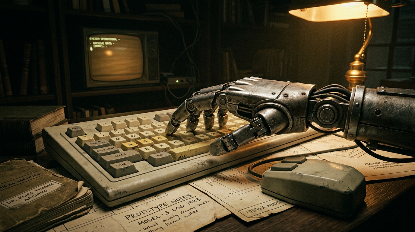 A close-up of a humanoid robotic hand resting on a vintage keyboard and mouse in a dim study