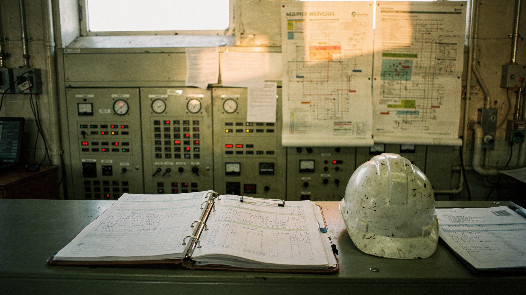 A substation control room with an open scheduling binder on the ledge and grid maps pinned above the panels