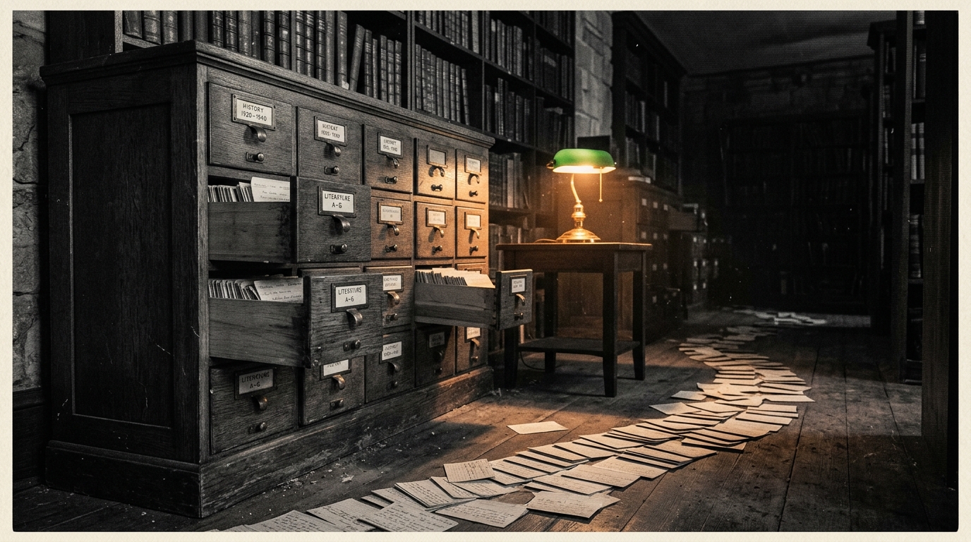 A grand wooden library card catalog with drawers pulled open and index cards scattered across the floor