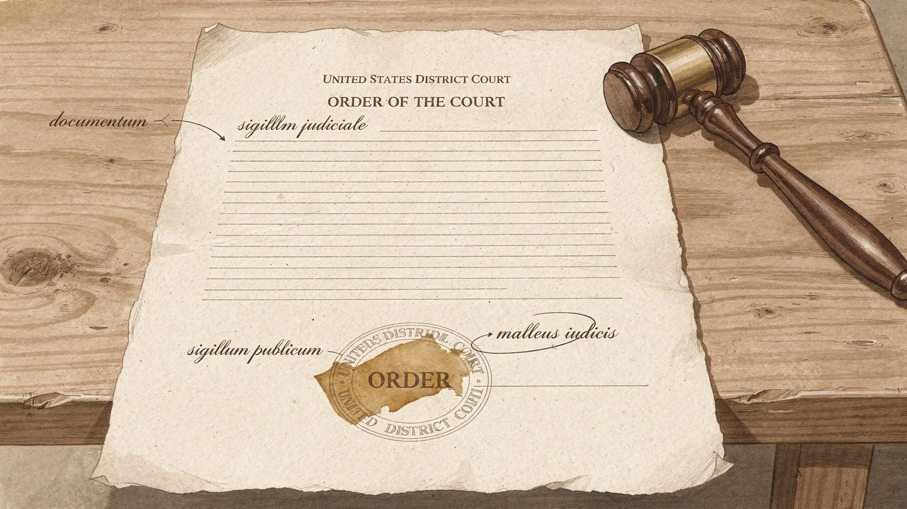 A federal court order on a wooden bench bearing a large stamped seal, a heavy brass gavel resting on the upper corner of the page