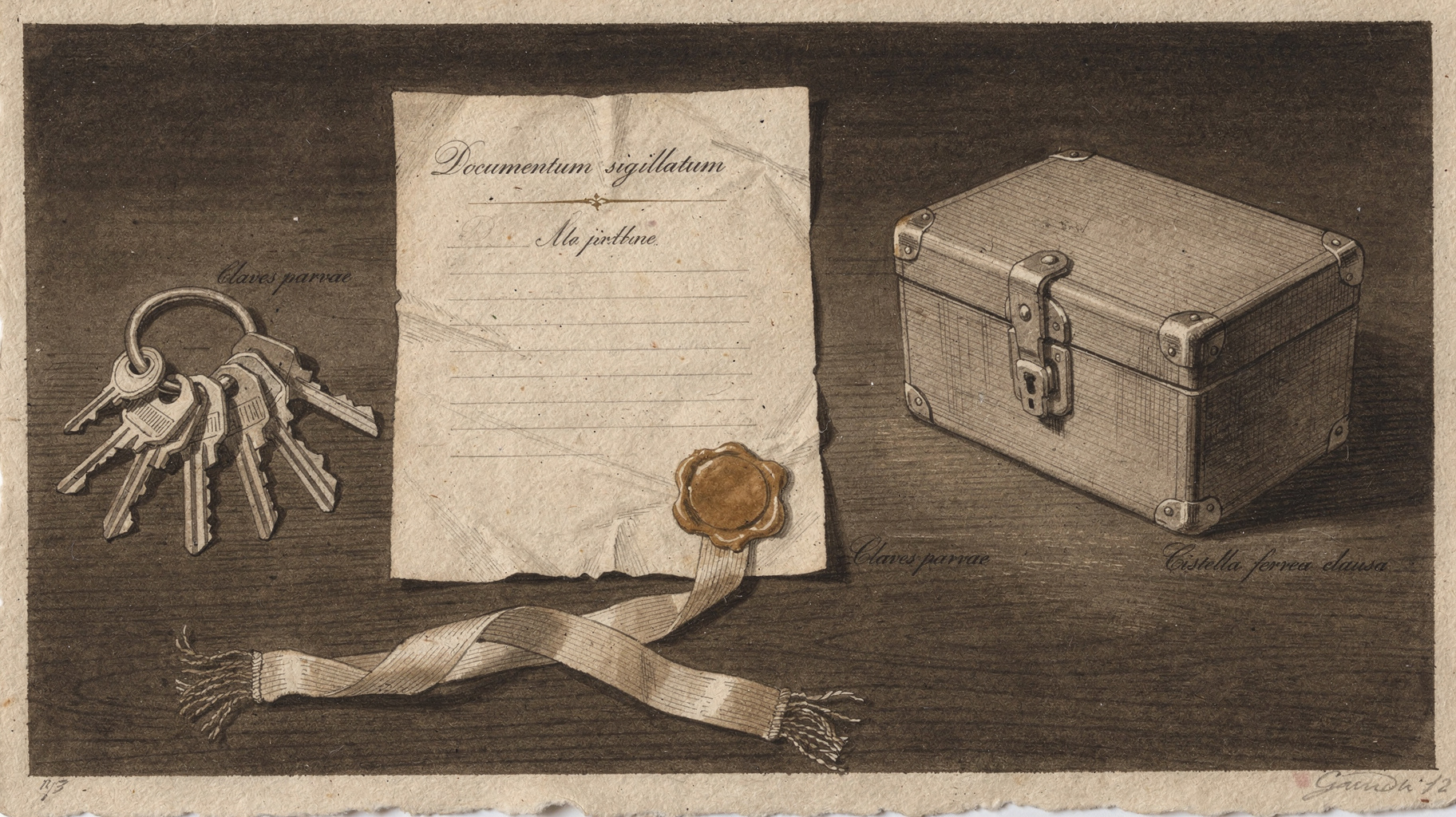A formal document with a ribbon and wax seal on a dark desk beside a small ring of keys and a closed lockbox
