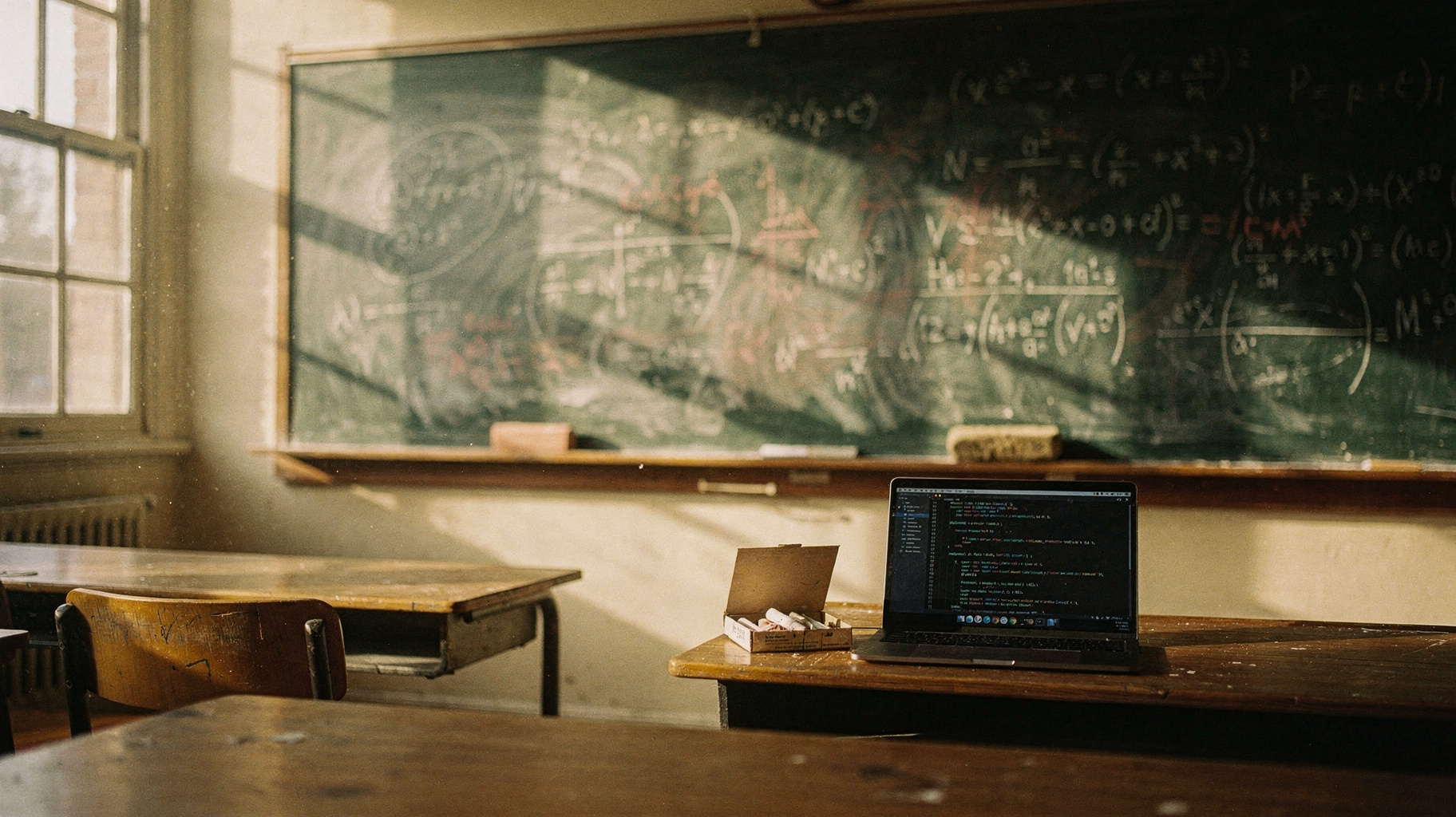 A documentary photograph of a chalk-covered mathematics seminar blackboard at dusk, an eraser and chalk box on the rail