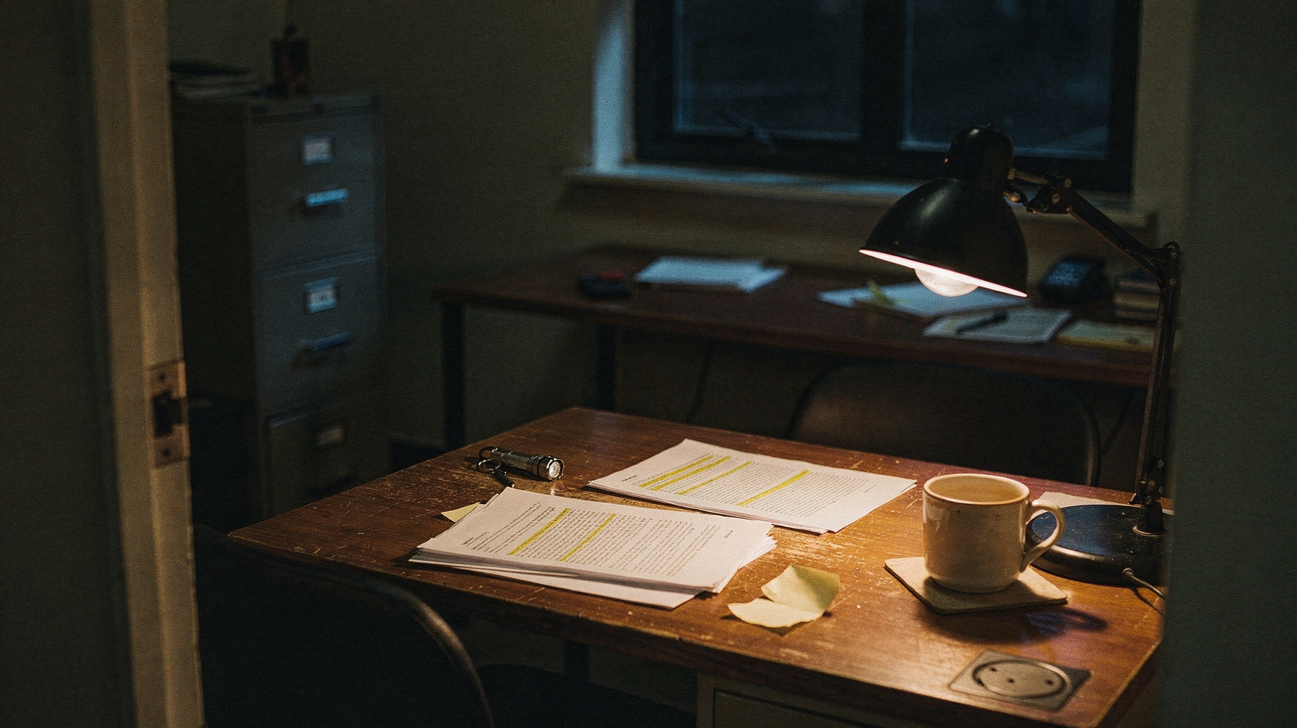 A documentary photograph of a small keyring LED flashlight lying on printed transcripts on a dark desk, a coffee mug at frame edge, warm desk lamp from the side, candid distance