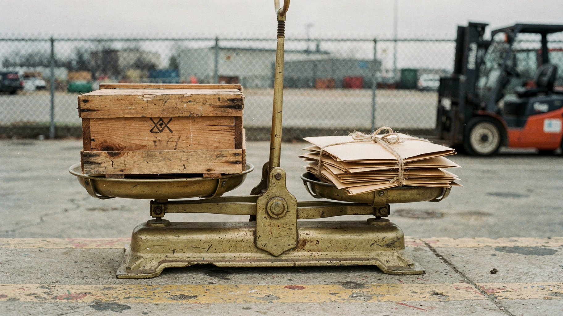 A balance scale on a shipping dock, one pan holding a sealed shipping crate, the other a stack of envelopes