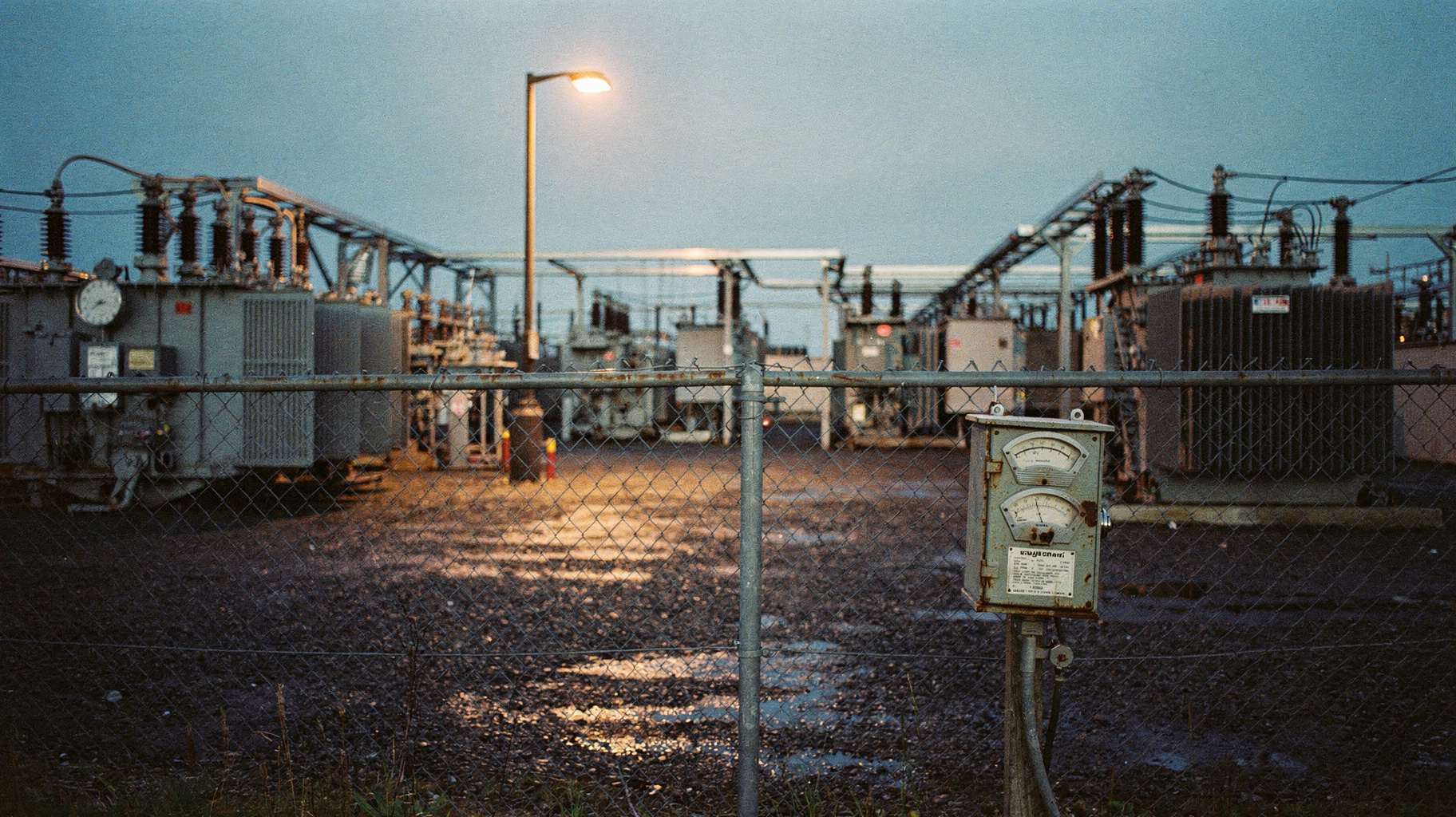 An industrial electrical substation yard at dusk with transformer rows receding in perspective