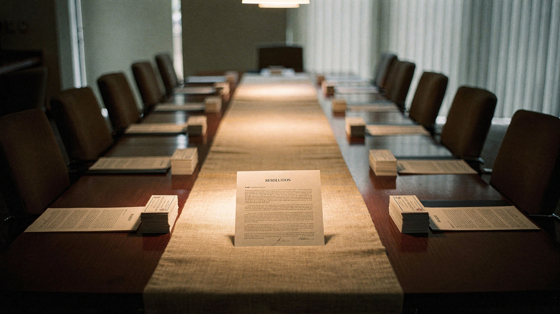 A documentary photograph of a shareholders meeting room before the doors open, one printed resolution face-up on a linen runner down the long table, stacked proxy cards at each place, morning light through vertical blinds