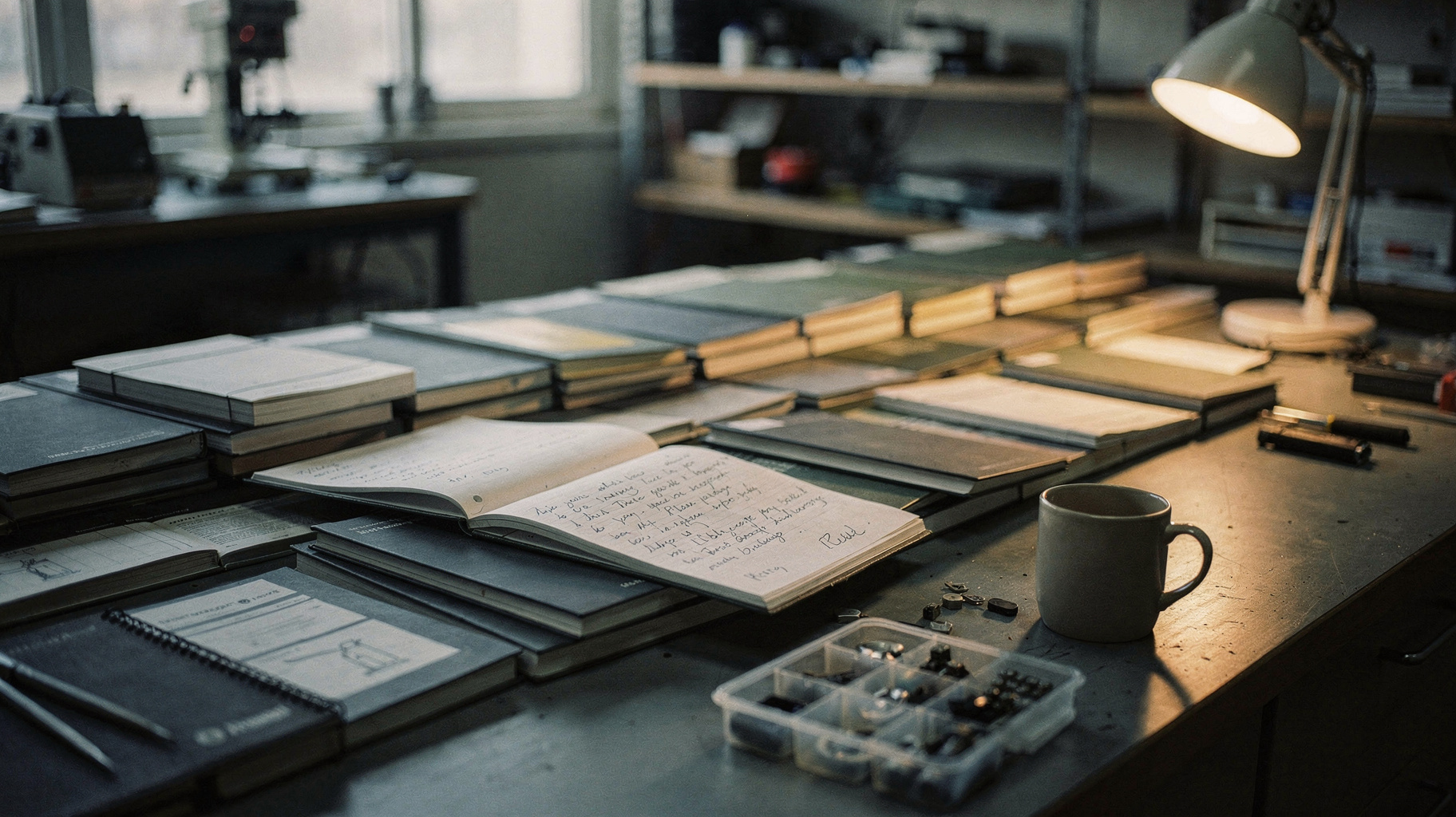 A long workbench lined with closed laboratory notebooks, one open with fresh handwriting, lit by a single desk lamp