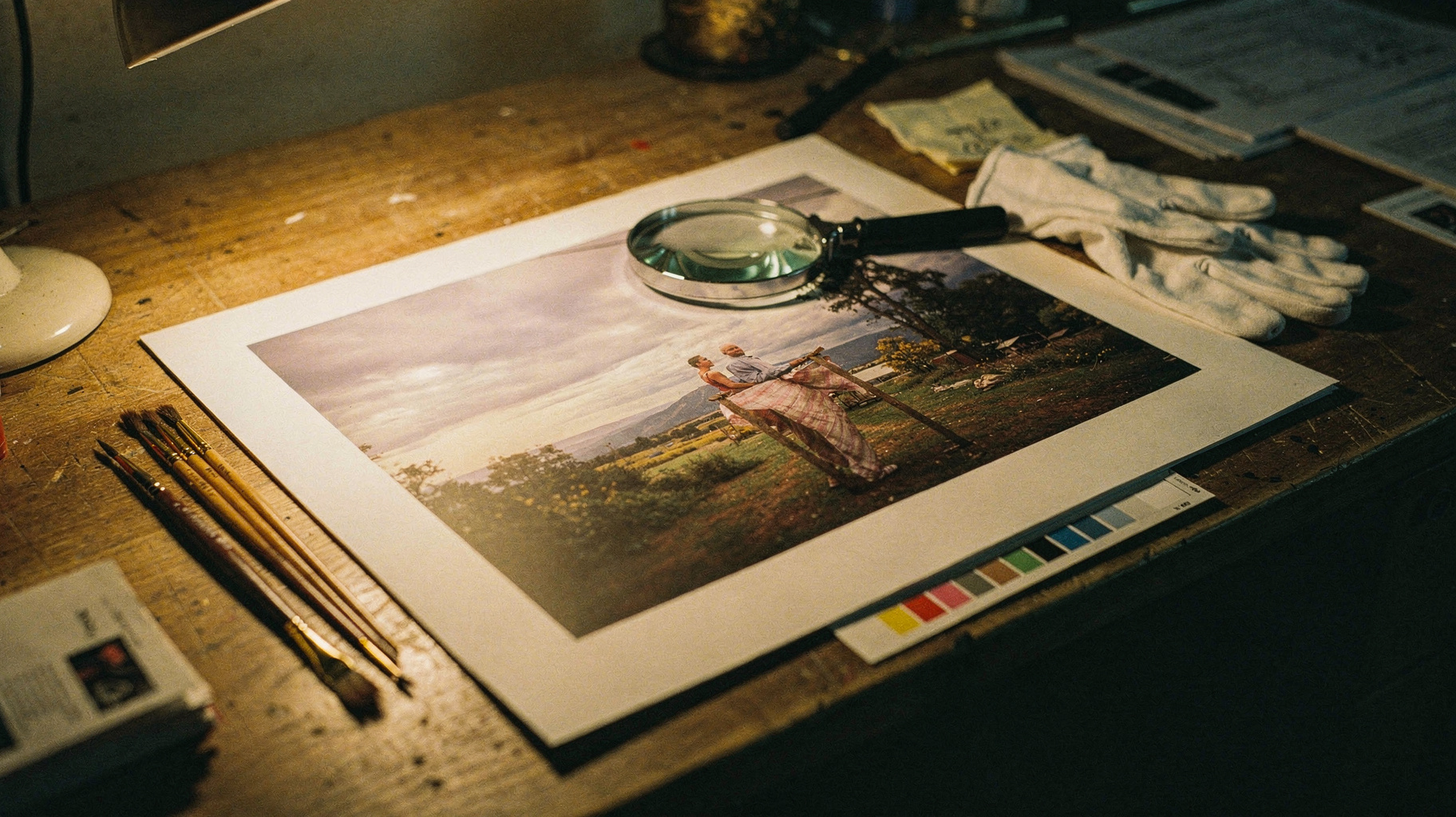 A retoucher's desk photographed from above at a slight angle, a large photographic print under a glass loupe, fine sable brushes, cotton gloves and a strip of color reference charts arranged at the edges of the print, warm tungsten lamp light from one side, documentary distance, no people, visible film grain