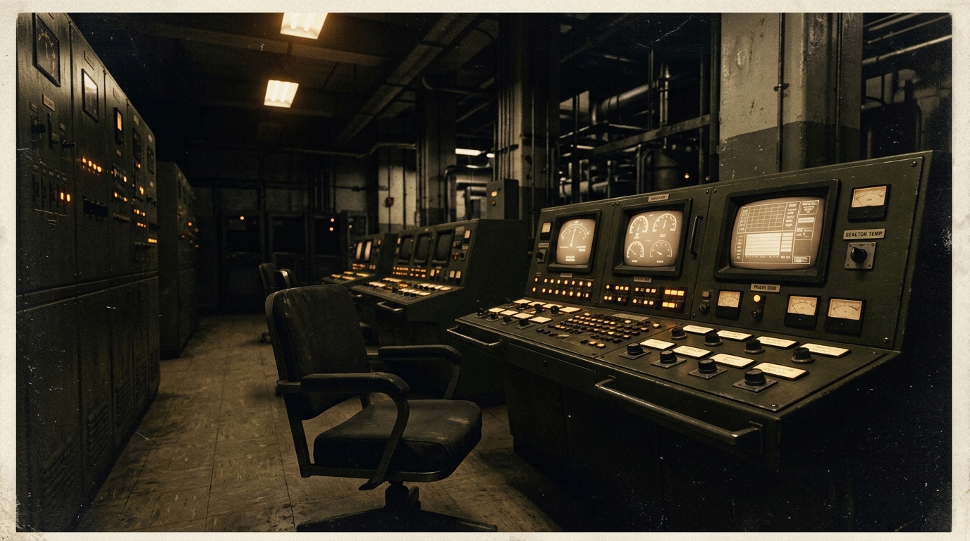 An unstaffed industrial control room at night, rows of dark consoles with small amber indicator lights, one empty operator chair