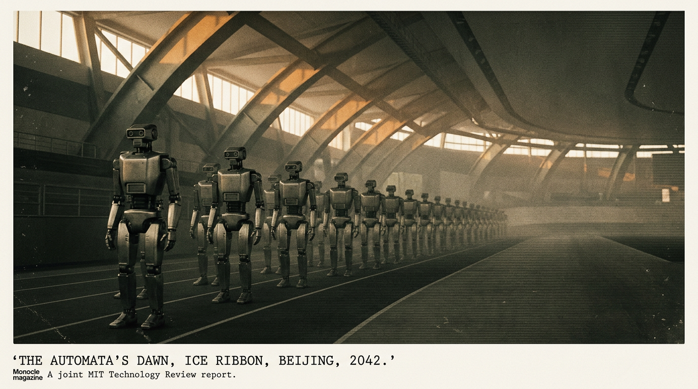 Rows of humanoid robots on a running track inside a speed-skating oval