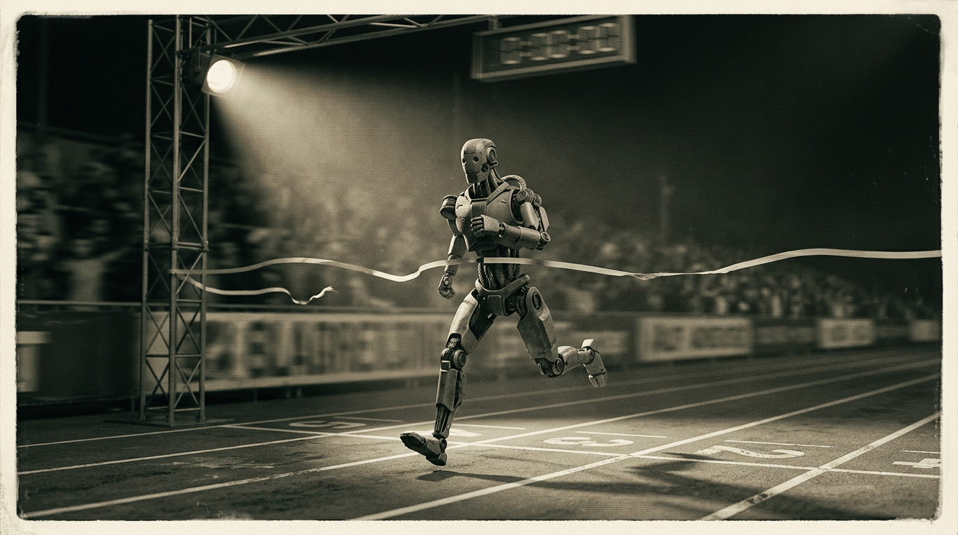 A humanoid robot crossing a stadium finish line at night under a single floodlight beam