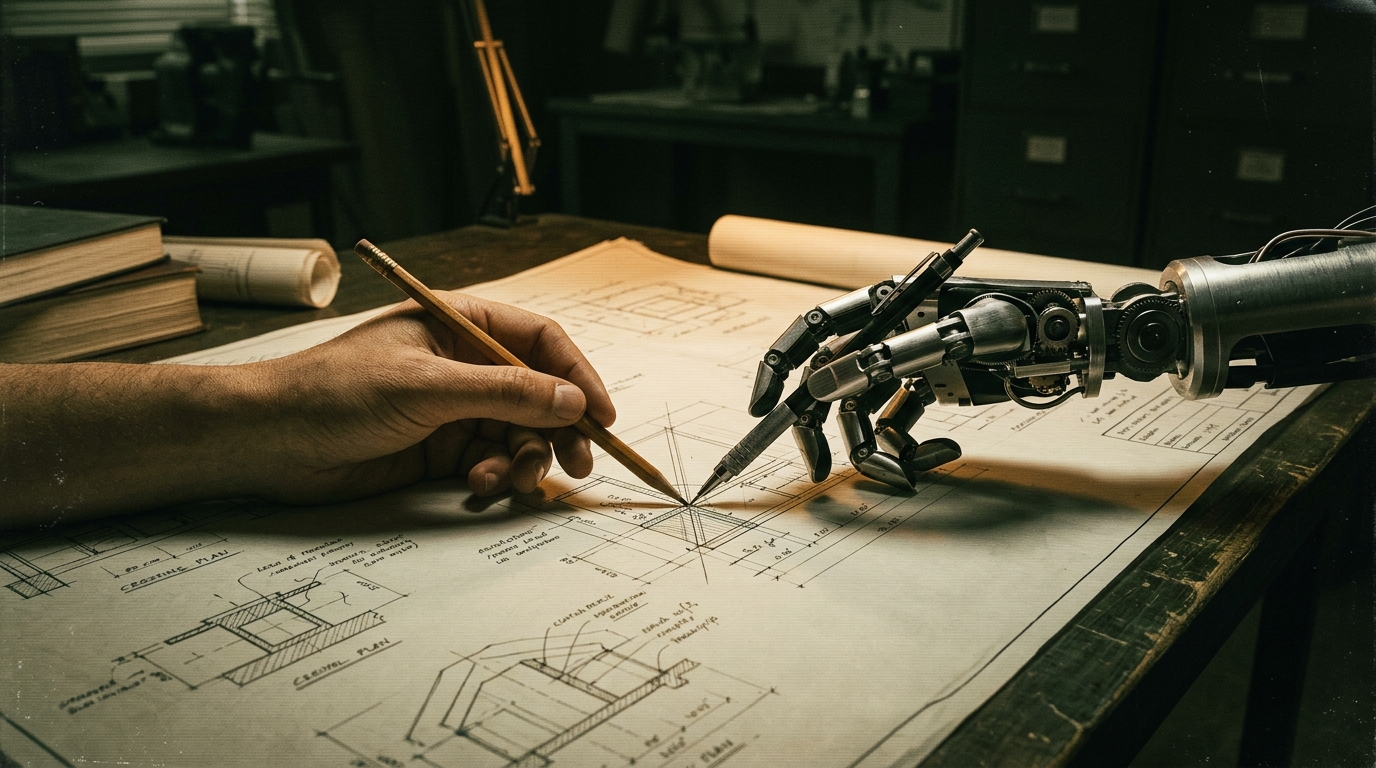 A human hand and a robotic hand each holding a pencil over the same blueprint on a drafting table