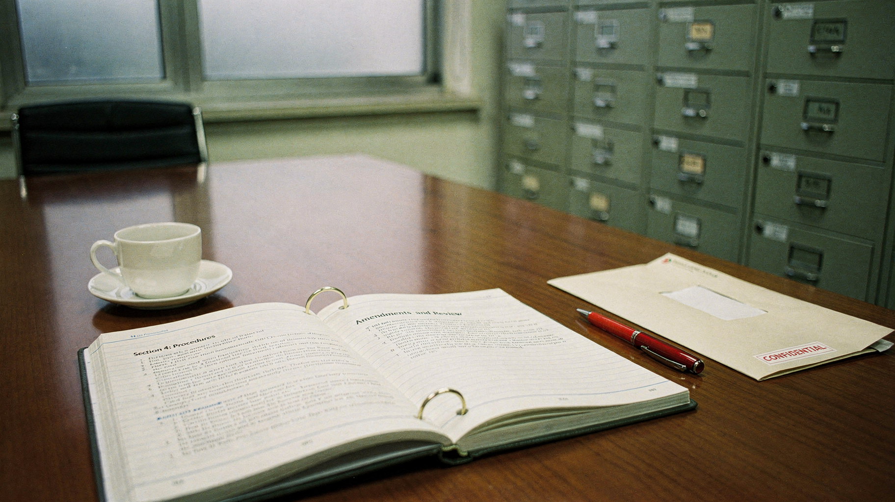 A thick loose-leaf rulebook bound with a brass ring, lying open on a polished conference table, a red pen and a sealed envelope beside it