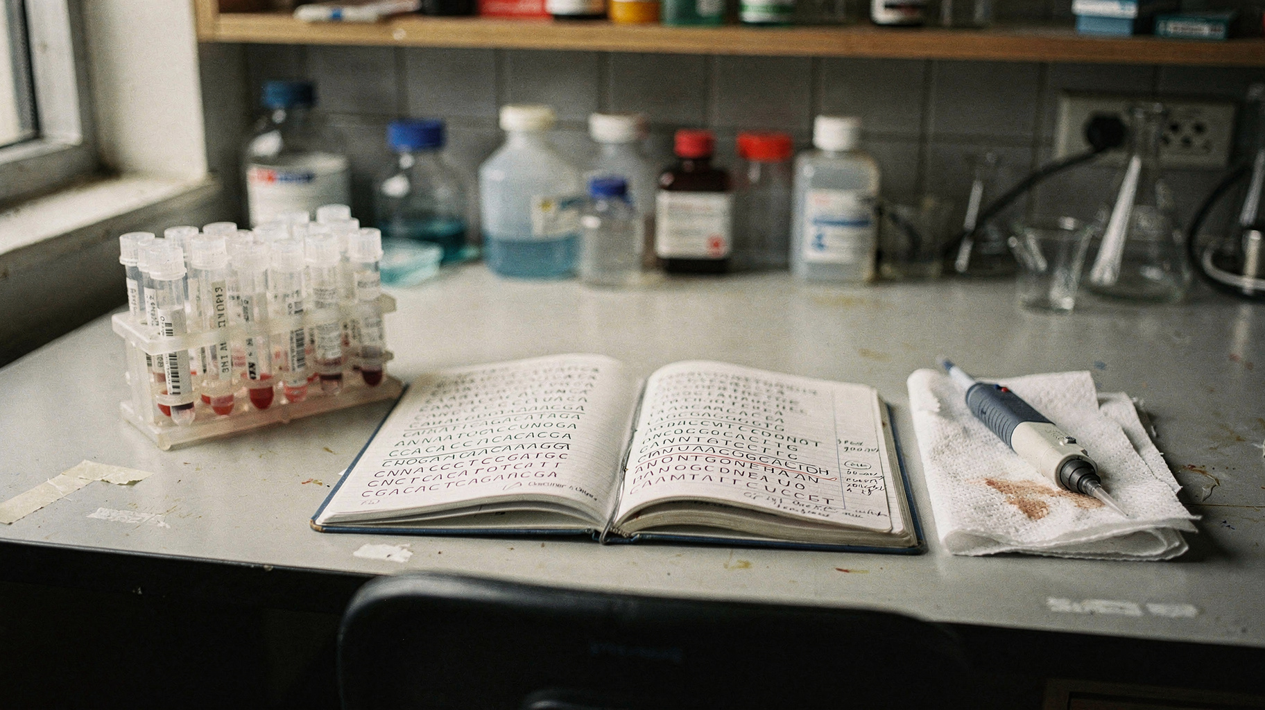 A bench in a working molecular biology lab photographed from just behind the stool, an open notebook with hand-drawn sequence rows, a rack of capped tubes, a pipette resting on a folded paper towel, cool window light, shallow depth of field, documentary distance, no people, visible film grain
