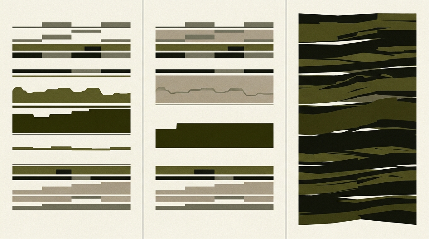 Three sequential frames showing progressive mutations to stacked horizontal lanes
