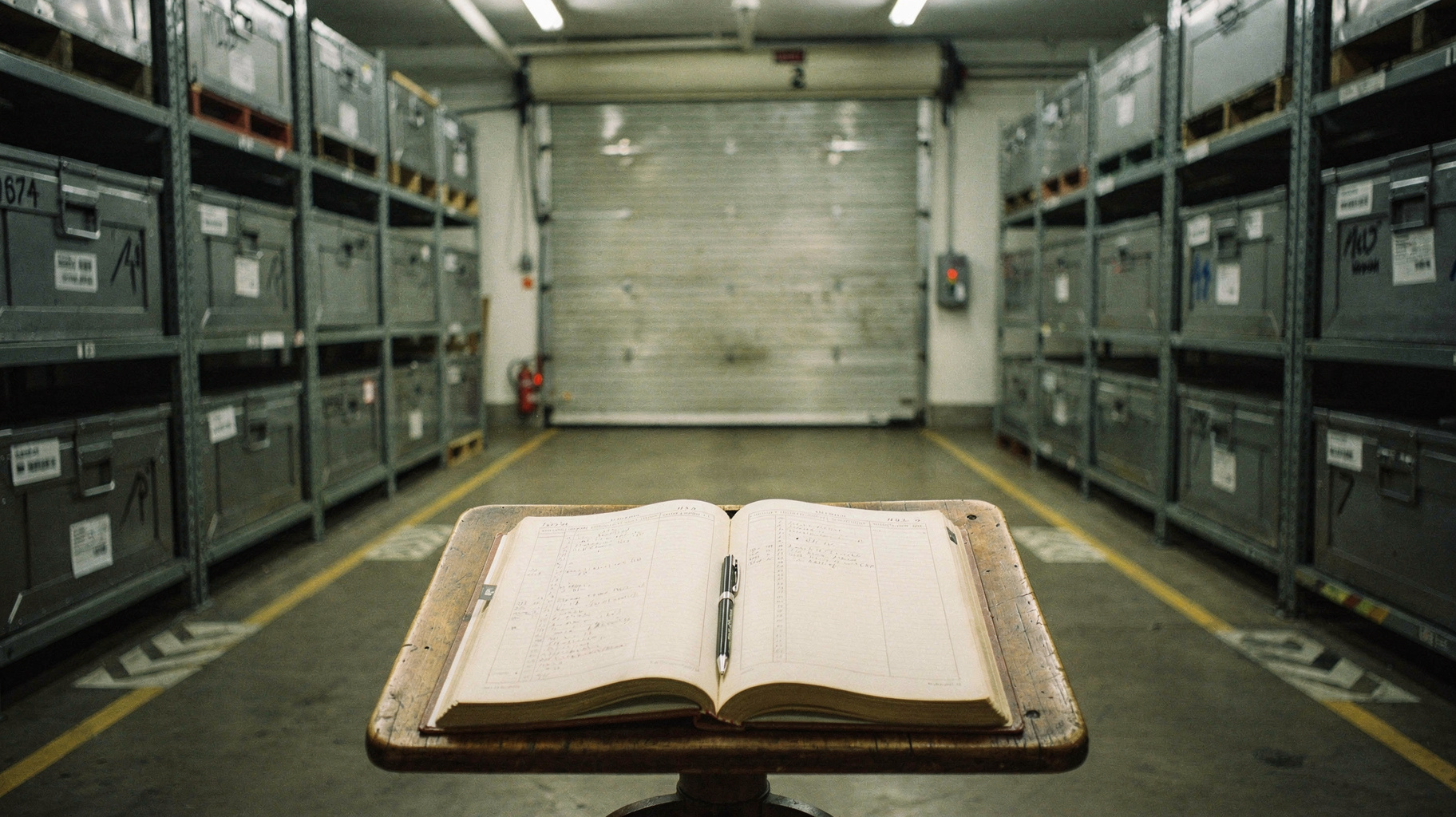 A bank vault room with stacked sealed crates on steel shelving, an open ledger on a stand in the foreground, cold overhead lighting