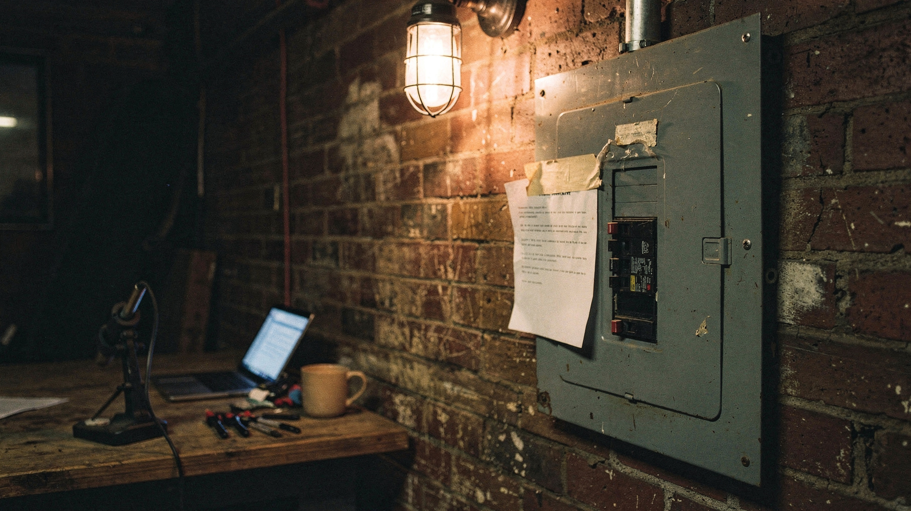 A heavy electrical service panel on a brick workshop wall with its main breaker switch thrown to OFF, a paper notice taped beside the switch, a single caged work lamp above