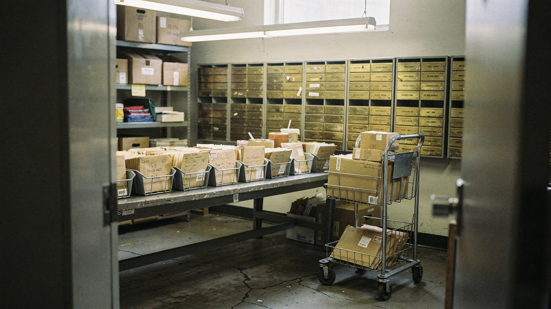 A documentary photograph of an EU ministry mailroom, grey sorting trays filled with stamped envelopes, a postal cart parked by the door