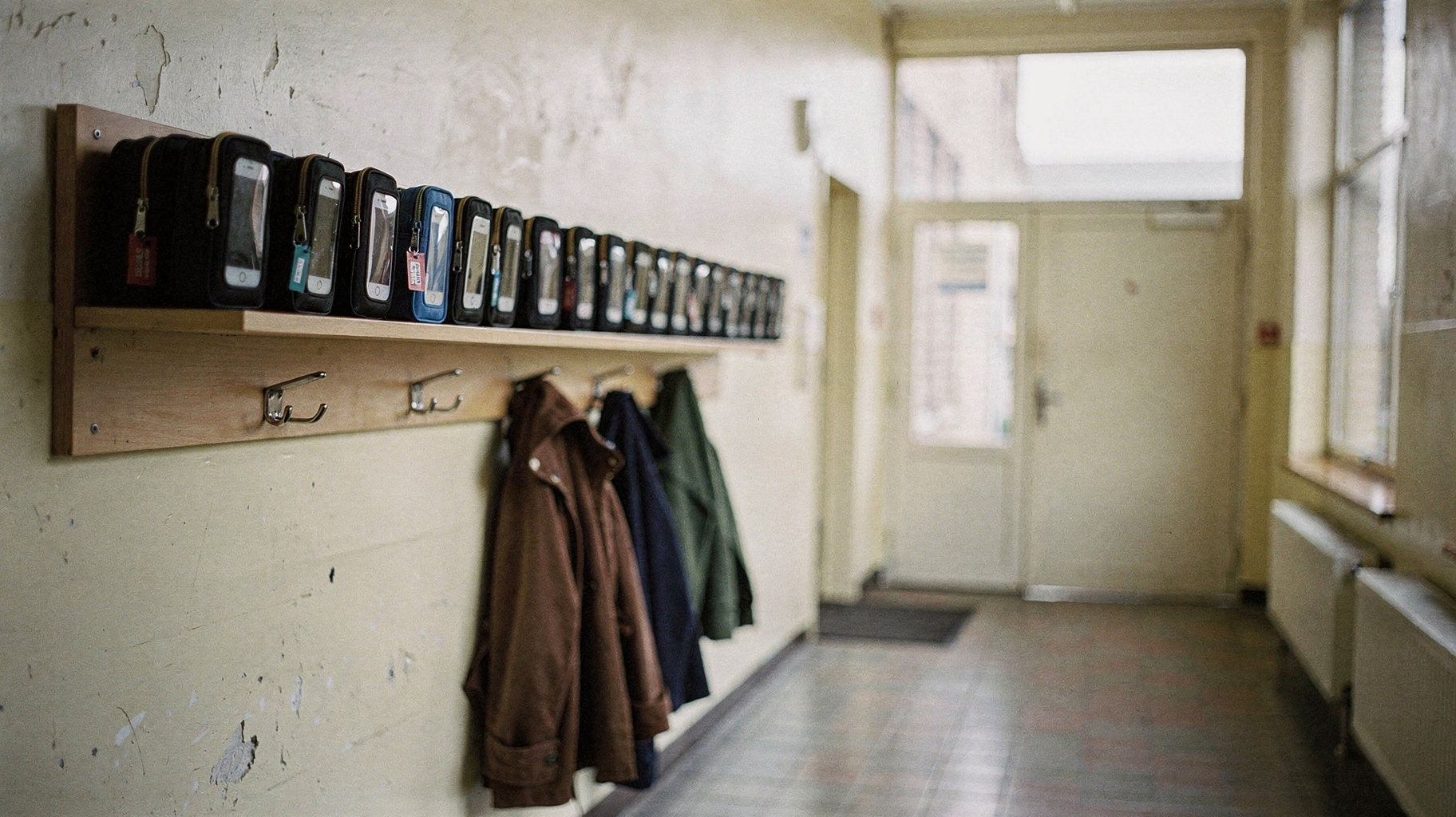 A documentary photograph of a Brussels schoolyard at morning bell, children in coats filing toward an entrance where a wall-mounted shelf holds a row of locked phone pouches, a teacher waiting in the doorway, soft overcast light