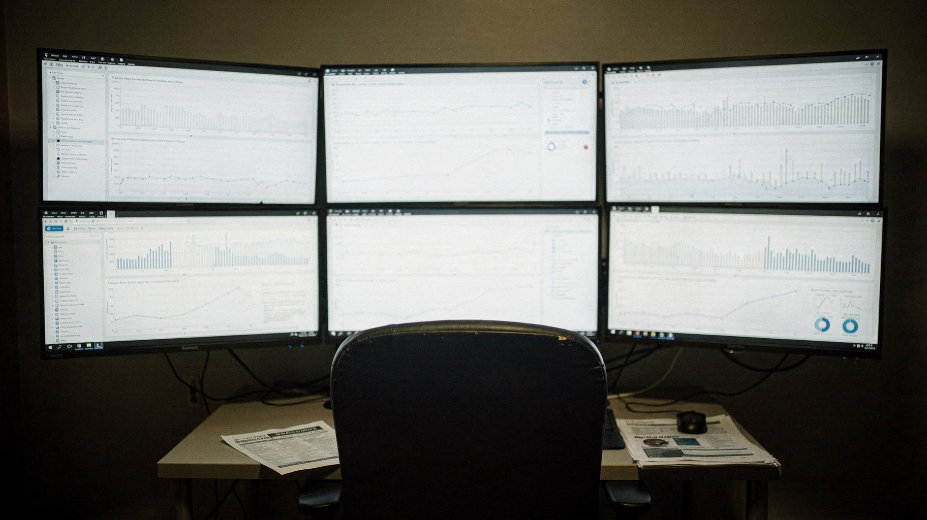 A documentary photograph of a dim security operations room, a wall of monitors showing pale traffic graphs, a single printed incident report left on the desk beneath them, empty chair pushed back, nobody in frame