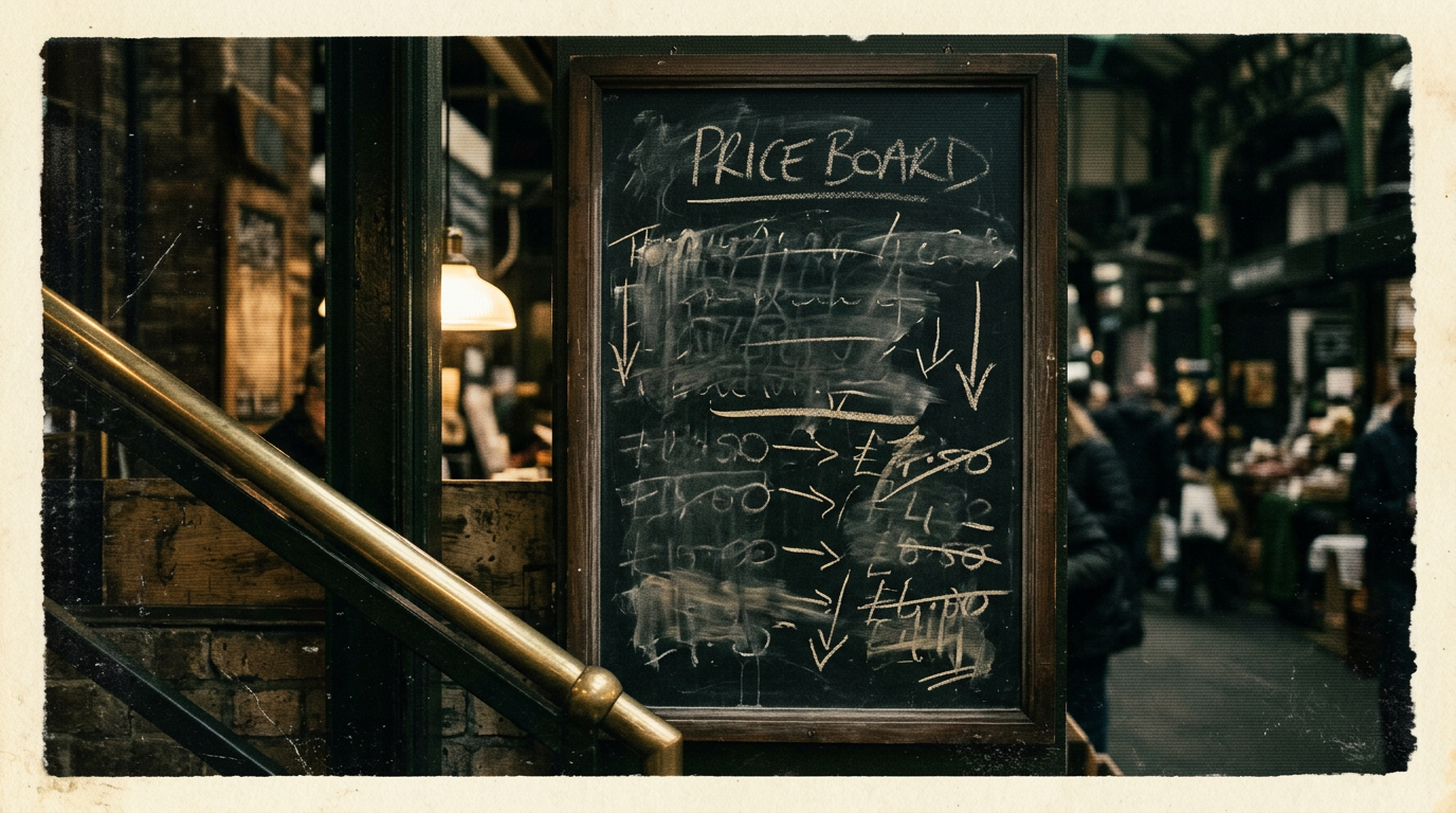 A chalkboard price board in a dim market hall with prices half-erased and rewritten lower