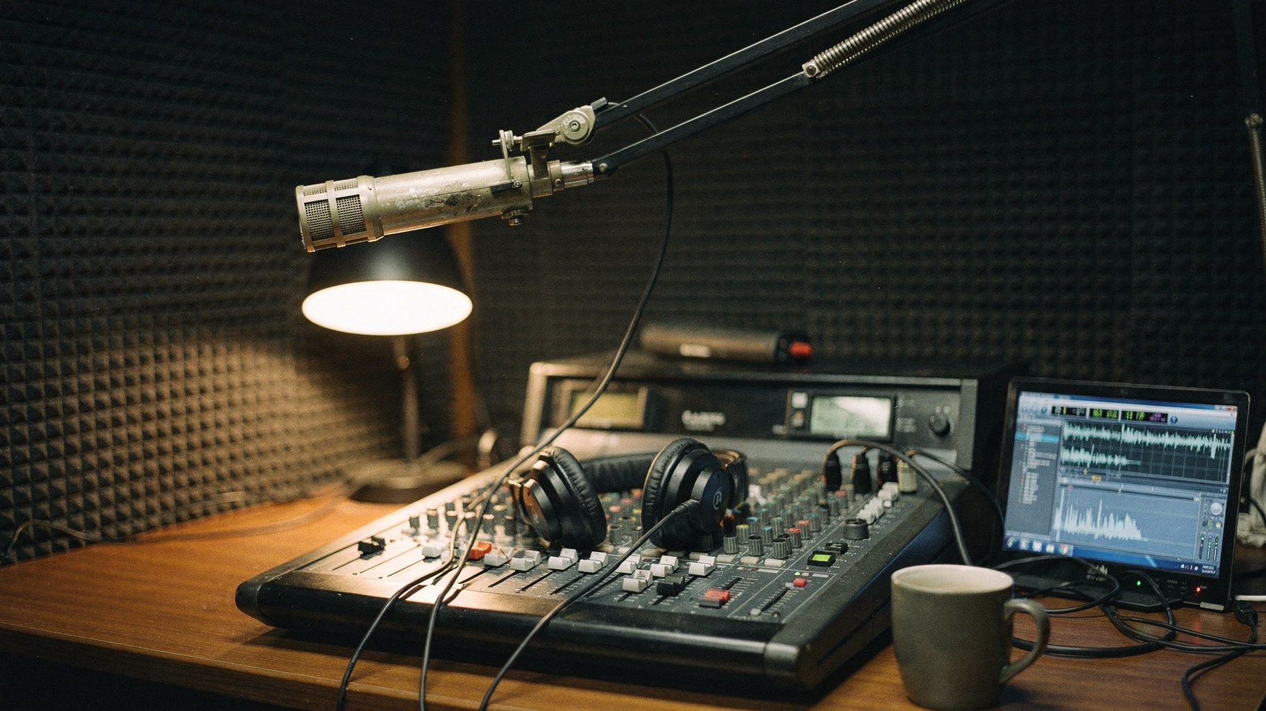 A documentary photograph of a podcast studio desk after a session, two microphones with pop filters, headphones on the mixer, coffee cup, warm lamp light, nobody in frame