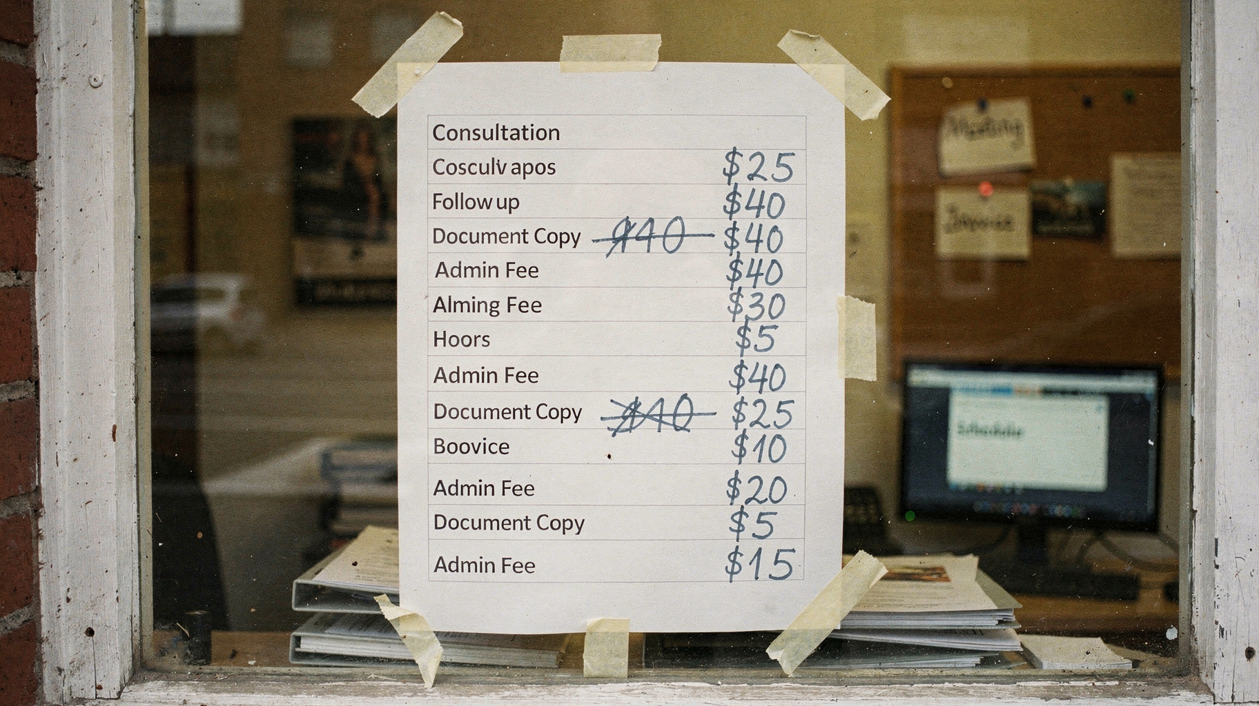 A printed price list taped to the glass of an office window, rows of figures revised by hand in dark ink, faint fingerprints on the paper, photographed straight on from a documentary distance, soft overcast daylight