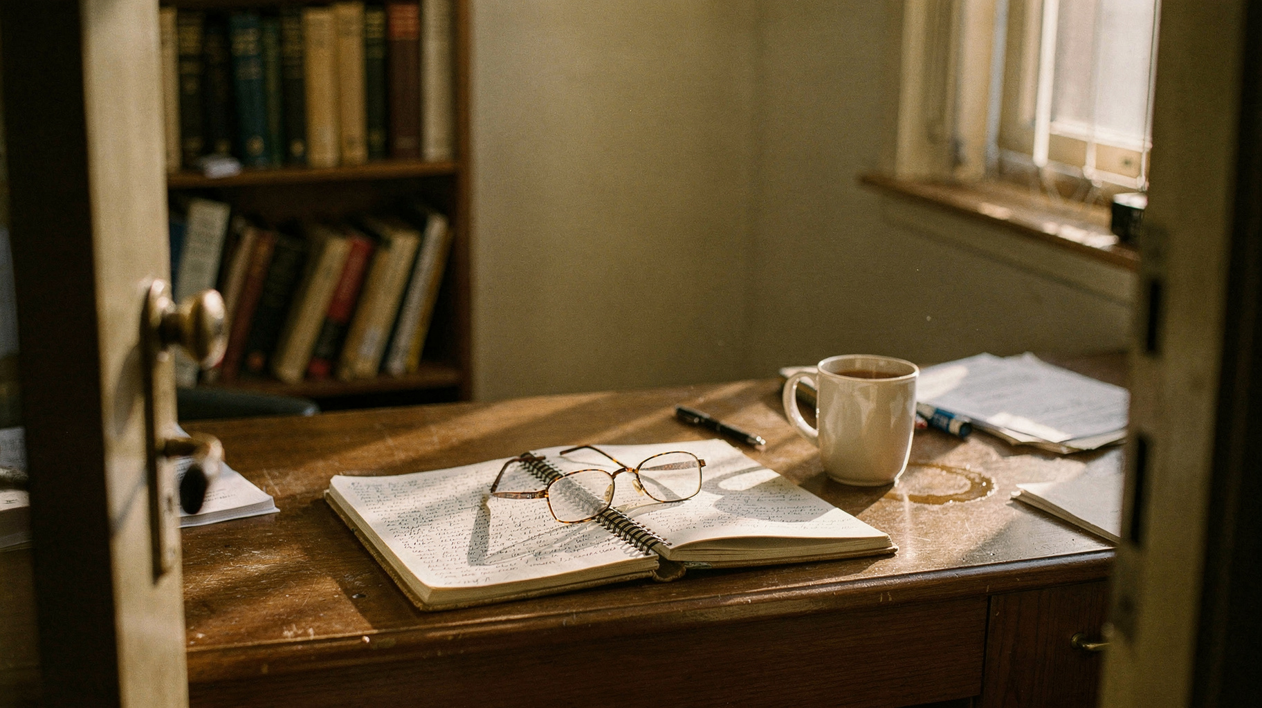 An older man's plain wooden desk in a quiet university office, a spiral notebook of handwritten notes and a pair of reading glasses on the open page