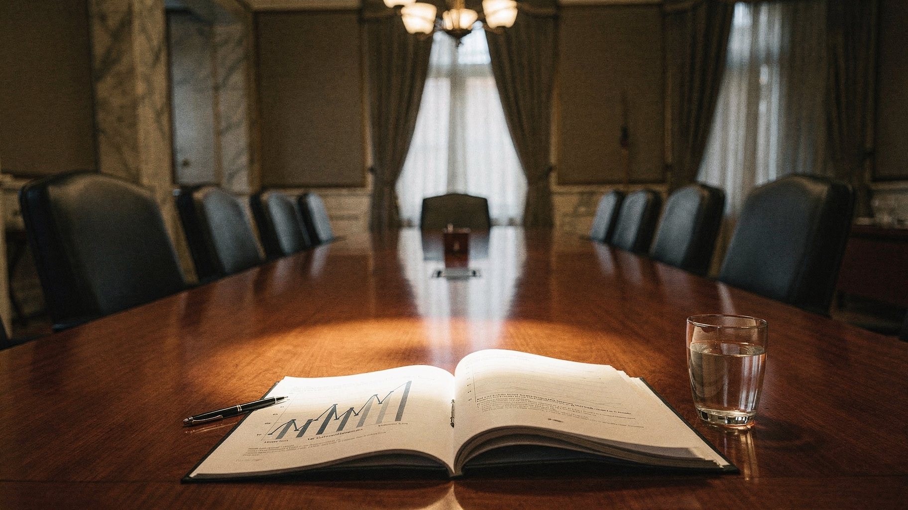 A documentary photograph of a conference table in an institutional briefing room, a thick stapled report lying open to a chart, chairs pushed back around it after the briefing, no people
