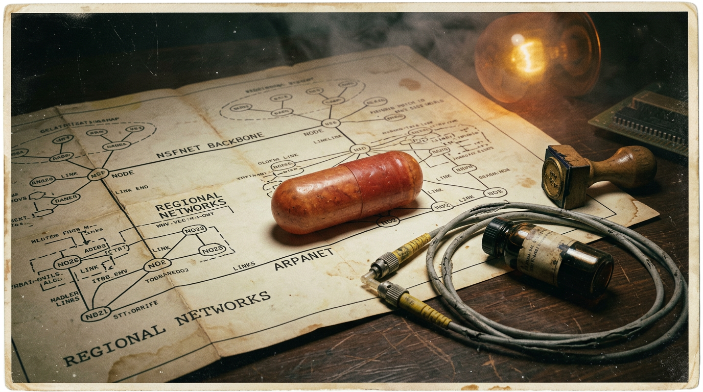 An oversized gelatin capsule on a vintage network routing map