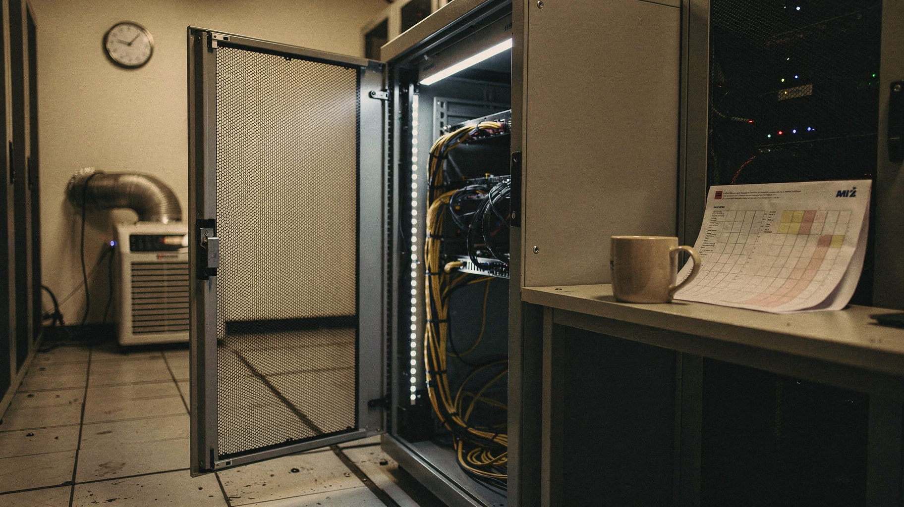 A documentary photograph of a GPU server aisle in a small data center, one rack door open, technician absent, a mug resting on a shelf next to a stack of printed benchmark charts, cool blue-available light with warm practical overheads, muted earth tones