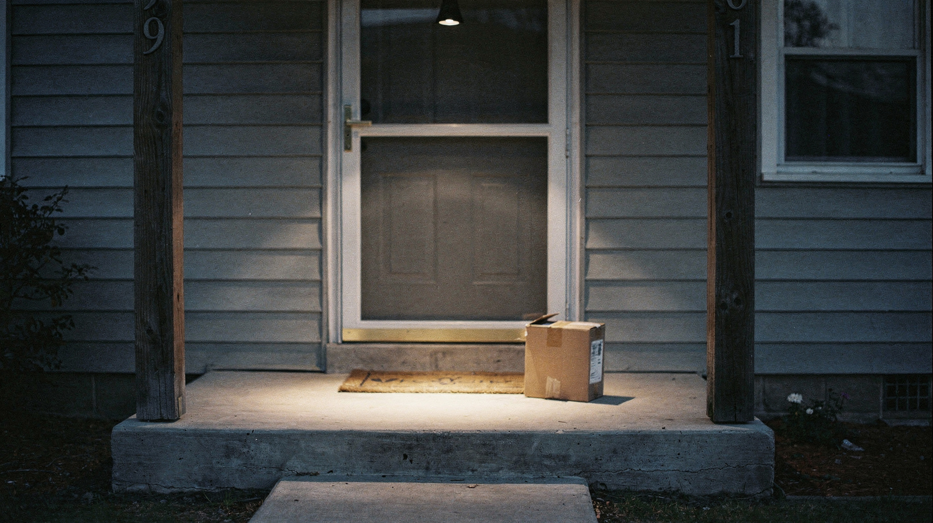 A documentary photograph of a suburban porch at blue hour, a small wrapped package left beside the front door under a motion light, no people in frame, a house number partially visible on the post
