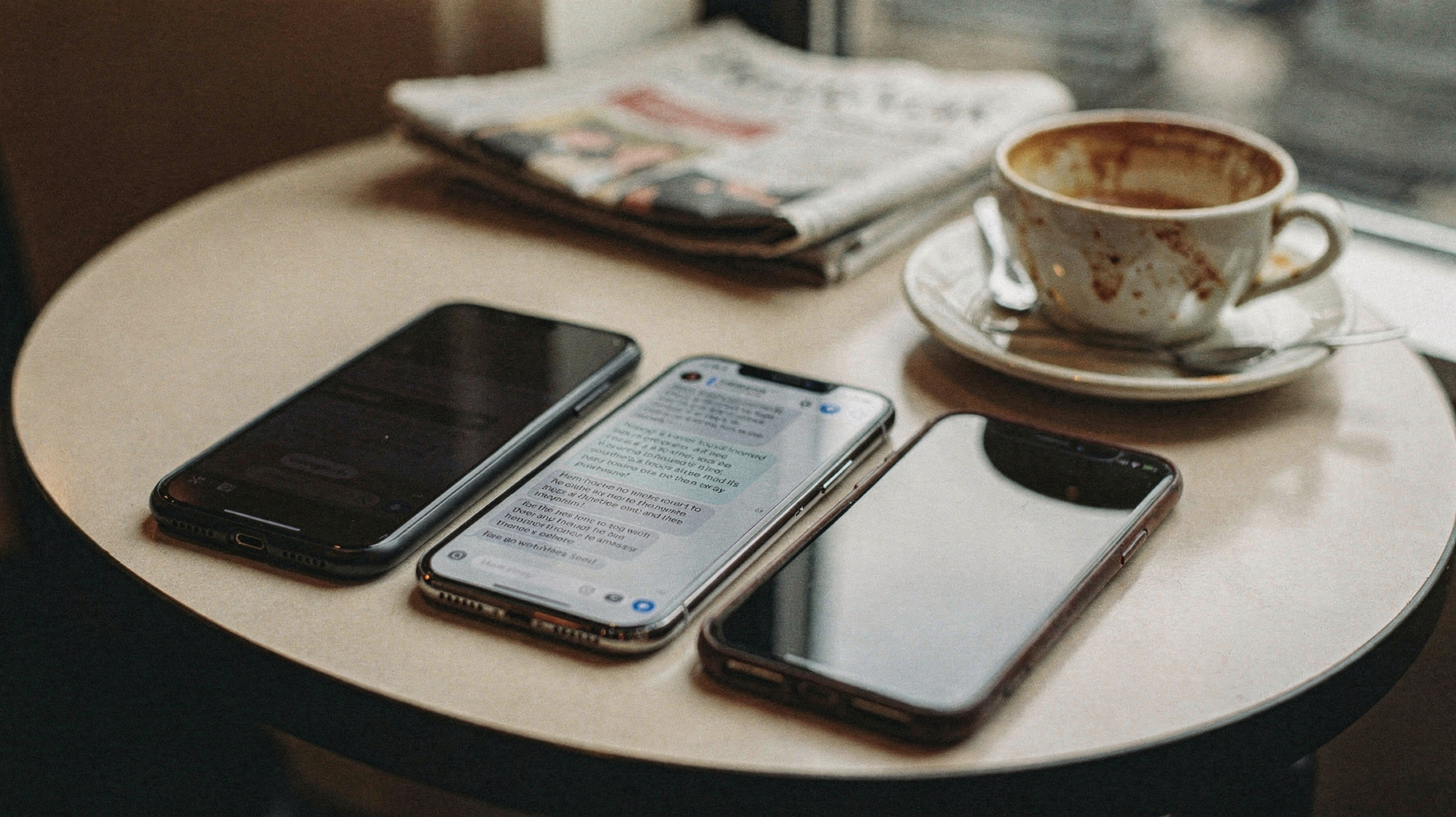 A row of phones on a cafe table, one screen lit with a chat thread, coffee cups beside them