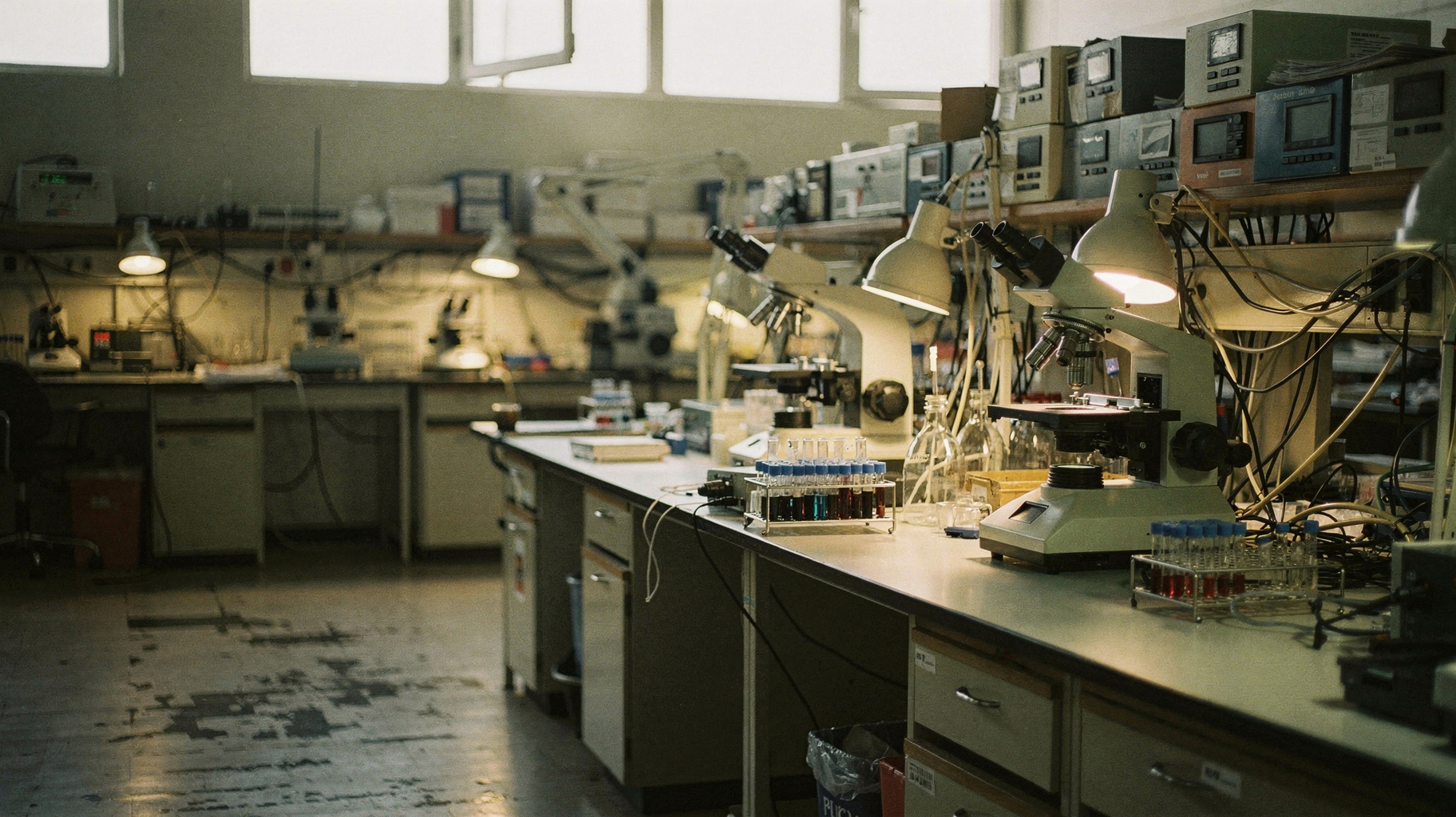 A robotic arm on a laboratory bench beside a microscope and racks of glass sample vials, seen from across the lab aisle