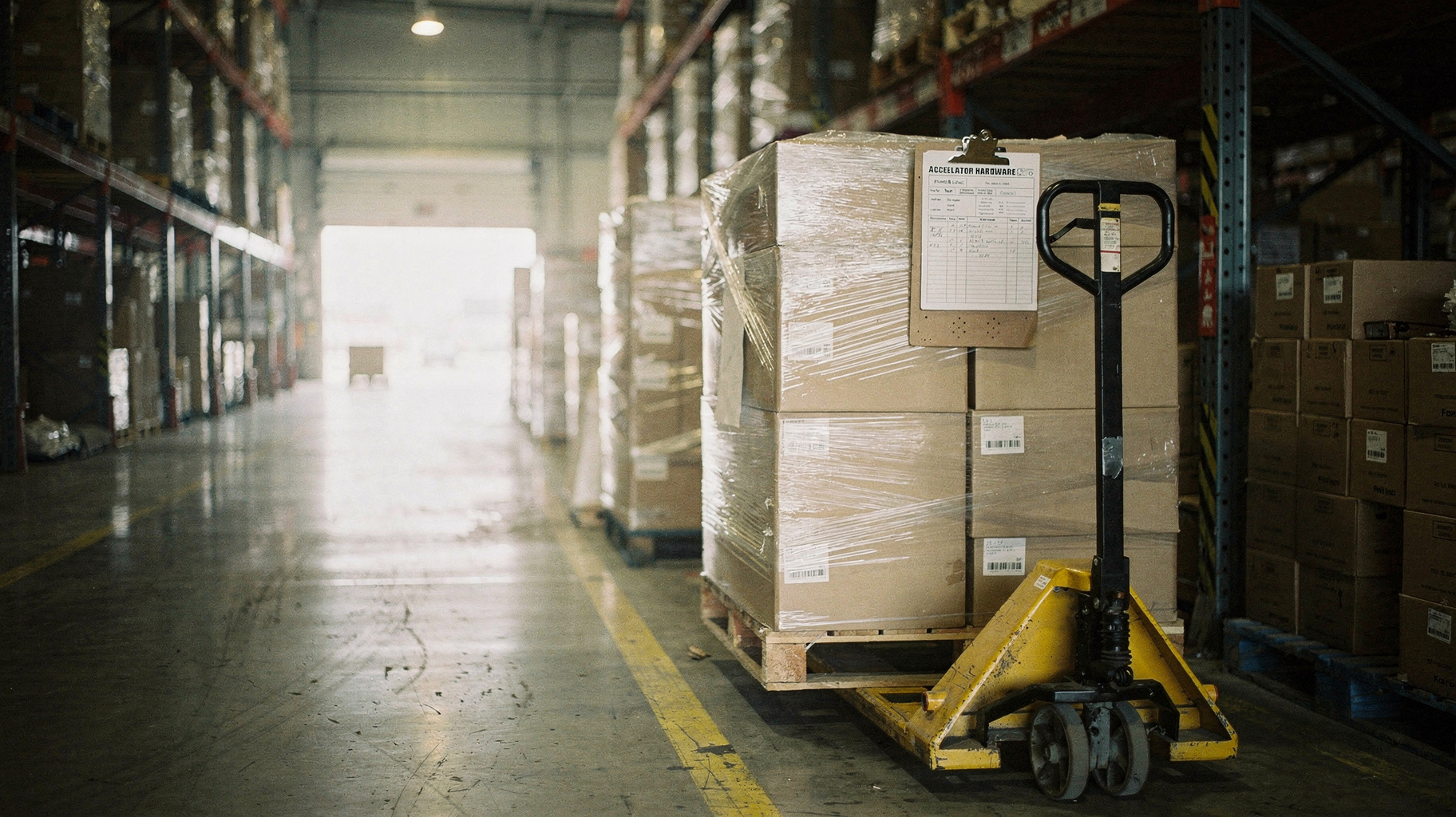 A documentary photograph of a warehouse receiving bay, stacked wooden crates and cardboard cartons on a pallet, a printed inventory sheet clipped to a clipboard hanging on the wall, loading dock light coming in from the left