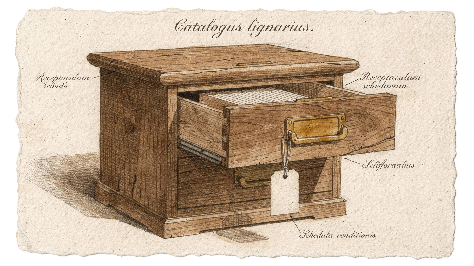 A sepia ink drawing of a wooden card catalog with one drawer pulled open, brass label plates on every drawer, a small paper sale tag tied with string to the open drawer pull
