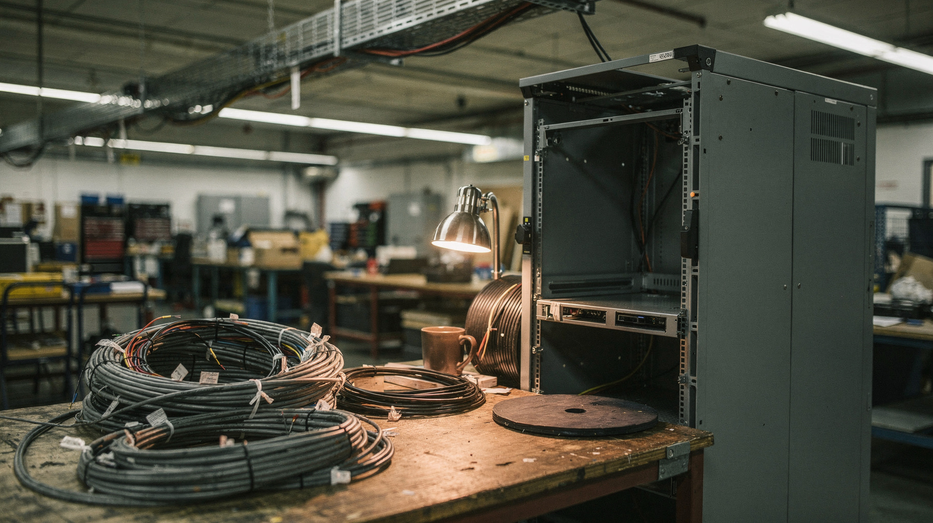 A half-assembled server rack on an integration floor, thick bundles of cable harnesses coiled on a workbench beside it, a coffee mug and cable spool making the scale