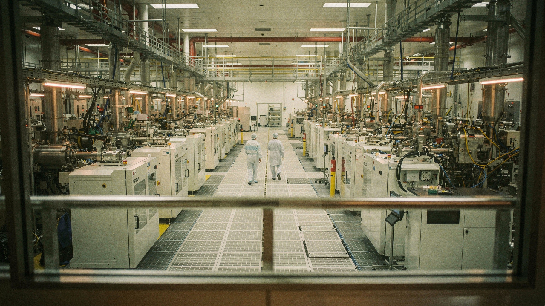 A documentary photograph shot through cleanroom glass, a vast semiconductor fabrication floor receding into rows of enormous lithography machines, two gowned workers small in the frame for scale, cool diffuse industrial light