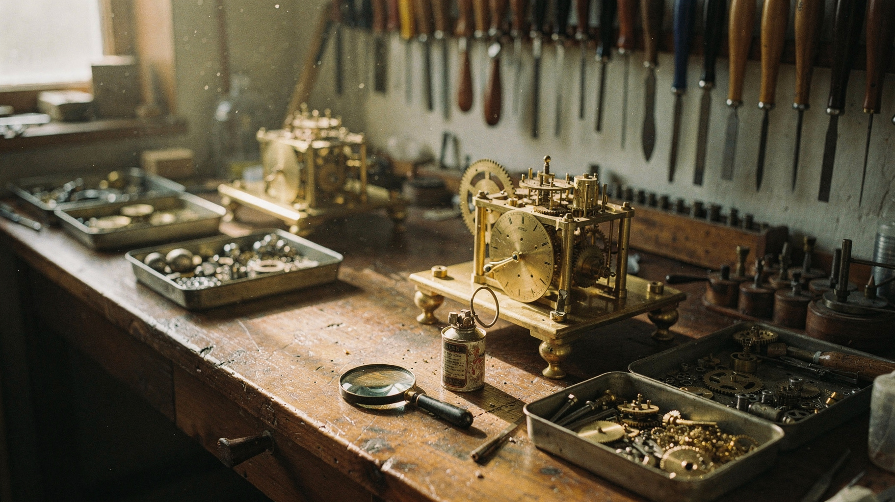 A documentary photograph of a long workbench in a model workshop late in the day, brass and steel clockwork assemblies at various stages of completion, jeweler loupe and oil can beside a half-built mechanism, nobody in frame