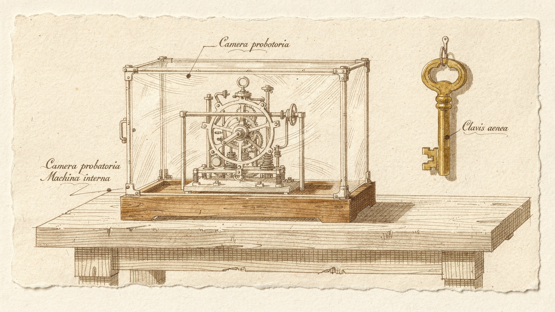 A sepia ink drawing of a sealed glass evaluation chamber on a workbench, a small mechanical assembly caged inside, a brass key hanging on a hook beside the case