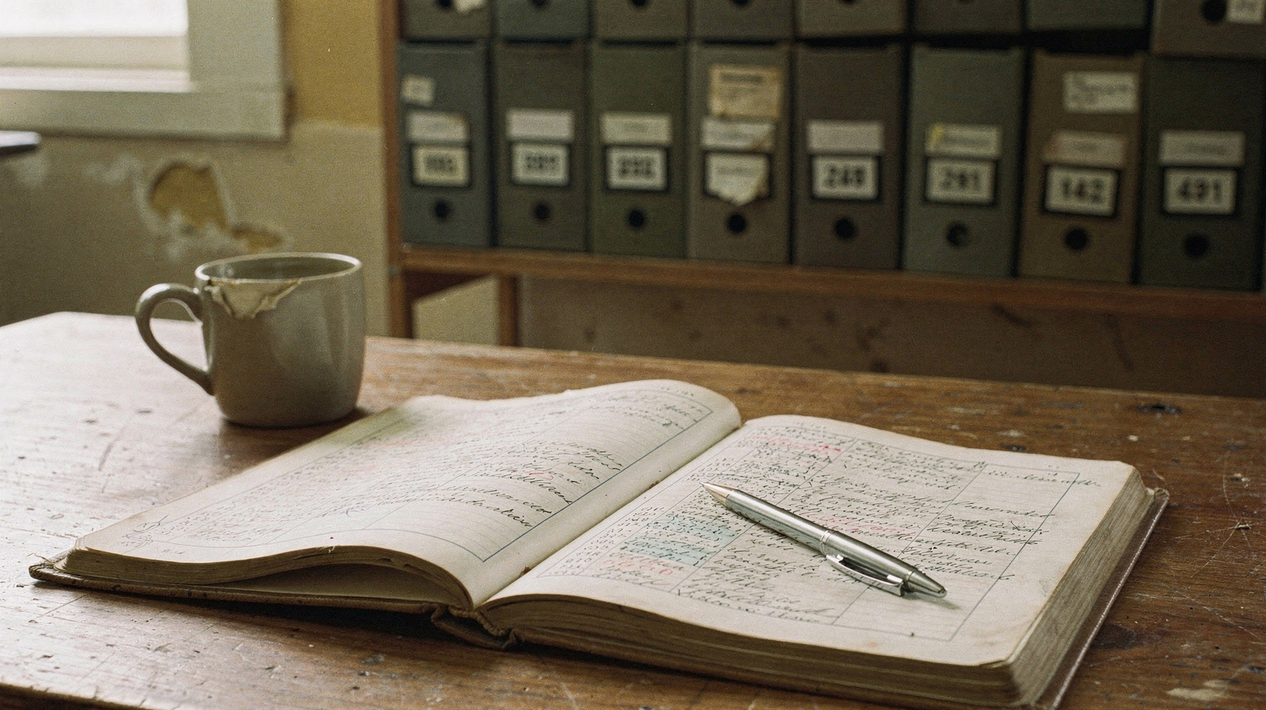 An open bound ledger on a plain wooden desk, several entries filled in, a pen laid across the page
