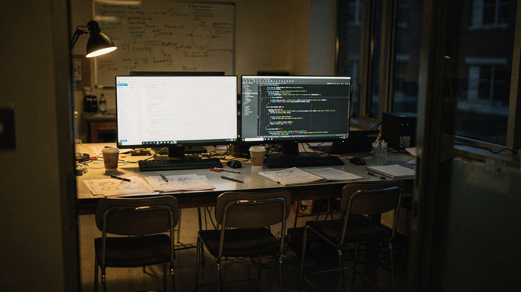 A documentary photograph of a university research lab at night, long bench with monitors glowing, papers and coffee cups scattered, one desk lamp on
