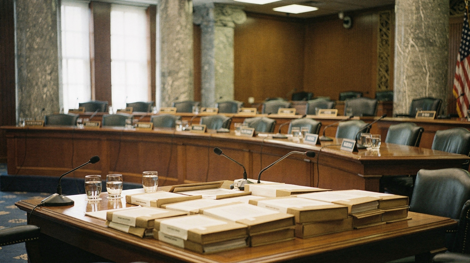 A documentary photograph of a Senate office building hearing room after hours, rows of empty chairs, a microphone at the witness table, late afternoon light through tall windows, nobody in frame